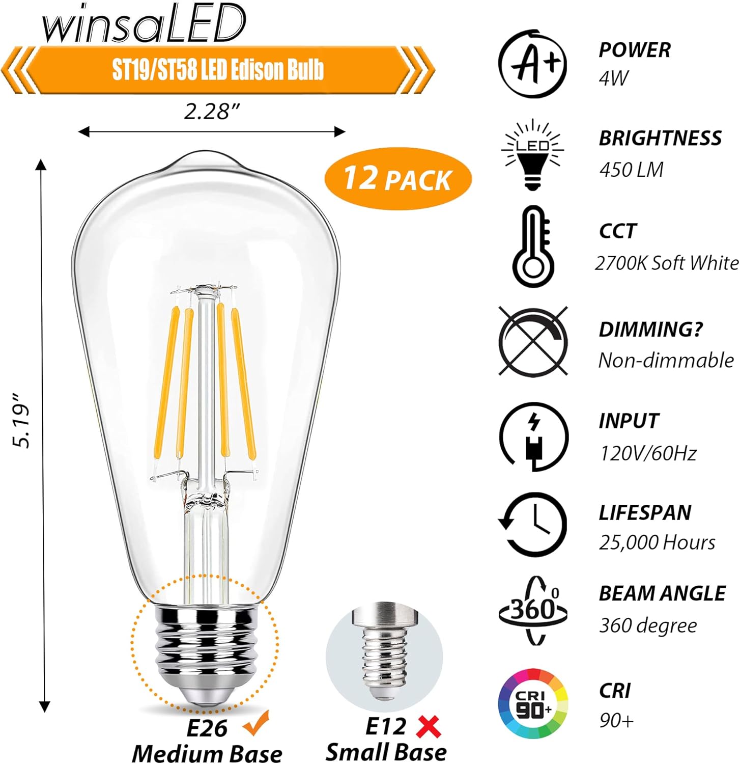 Pack of 12  watt LED Light Bulbs 40 Watt Equivalent, 2700K Soft Warm Light Bulbs, 4W LED ST19 Edison Bulbs, 450LM, E26 Medium Base, High CRI 90 , Not Dimmable, Pack of 12