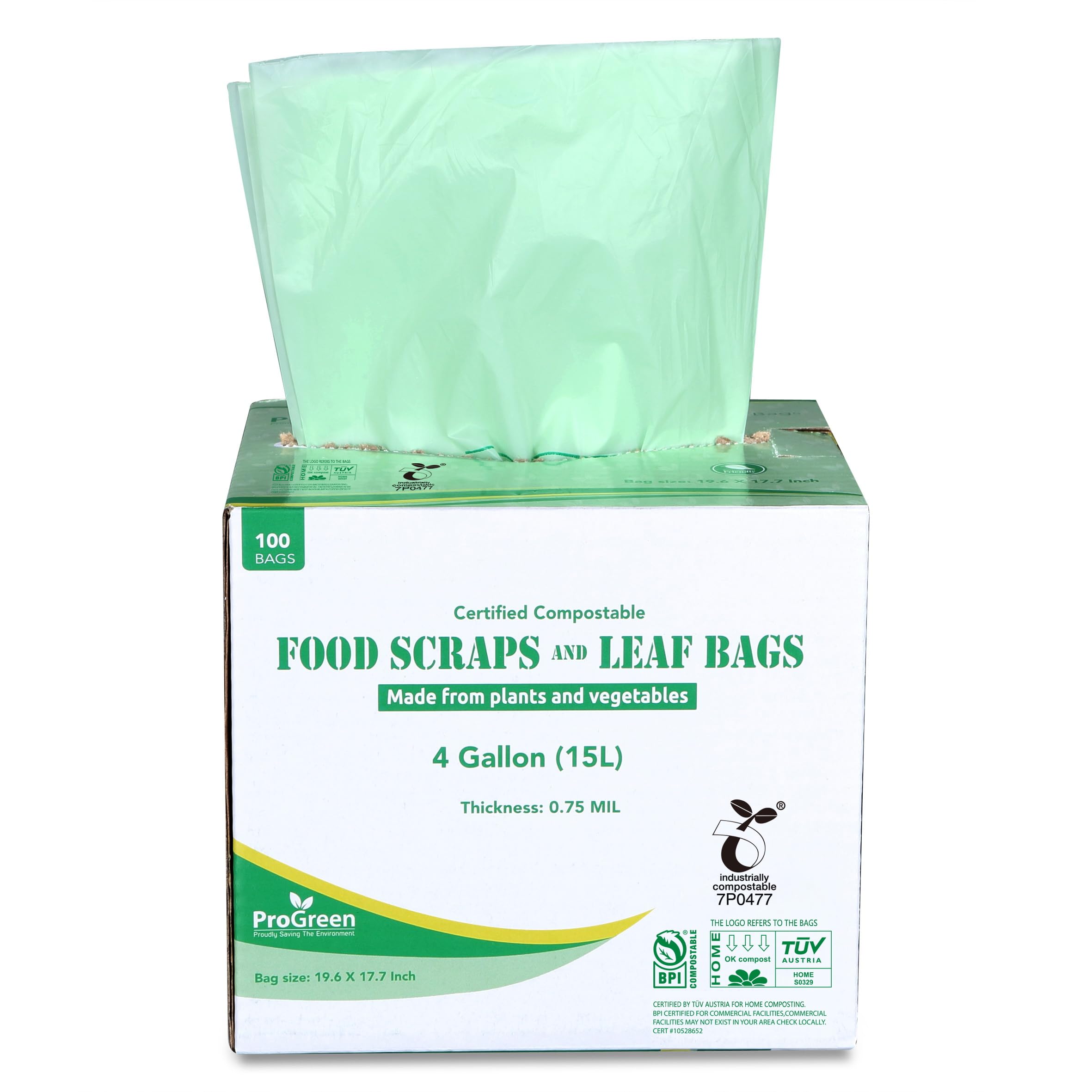 ProGreen Compostable Trash Bags, Extra Thick, Compost Kitchen Bin Bags, Food Scraps Yard Waste Bags, ASTM D6400 BPI and TÜV AUSTRIA Certified (4 Gallon, Pack of 100)