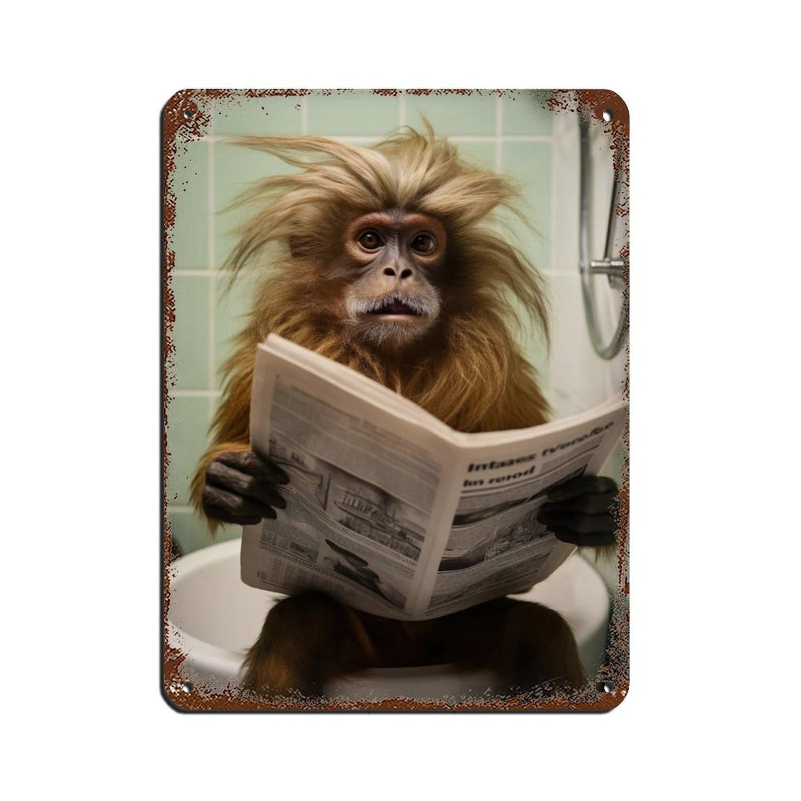 Tamarin Monkey Sitting on The Toilet Reading A Newspaper (10) Tin Sign Vintage Metal Pub Club Cafe Bar Home Wall Art Decoration Poster Retro 12x16inch(30x40cm)