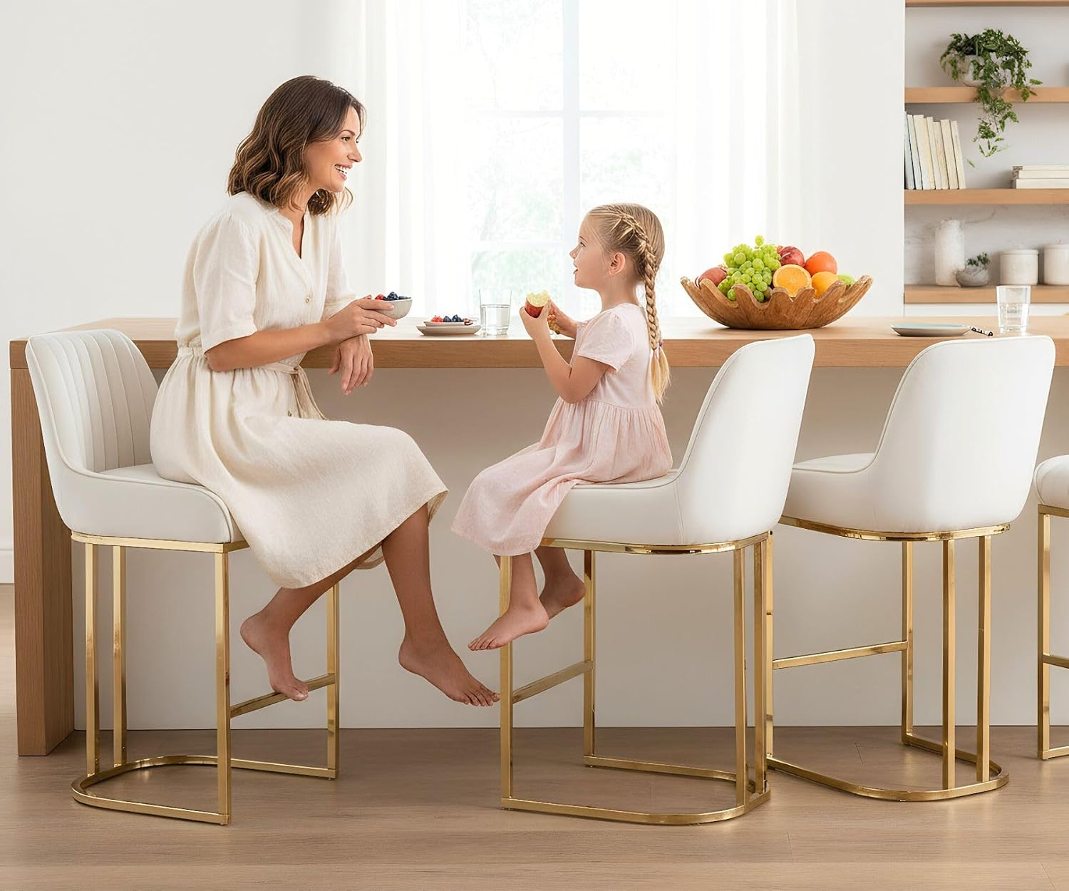 ROCITY Velvet Counter Stools with Gold Legs Beige Counter Height Bar Stools Set of 4 Modern Upholstered Kitchen Island Chairs with Back 26 Inch