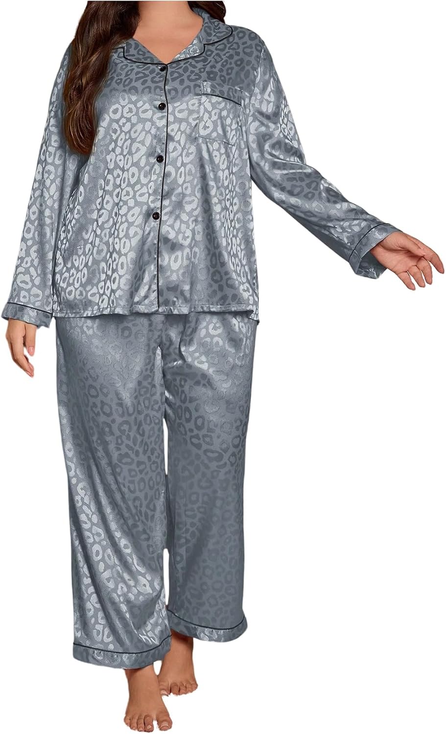 SHENHE Women's Plus Size Leopard Satin Pajamas Set Button Down Pjs Long Sleeve Top and Pants Sleepwear