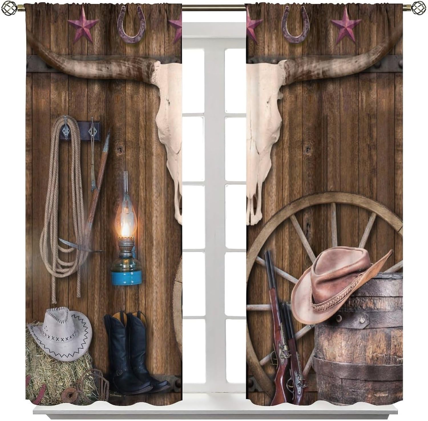 Brebasf Retro Western Cow Skull Curtains for Living Room Rustic Country Wooden Board Cowboy Boots Wheel Texas Star Print Thermal Insulated Rod Pocket Blackout Curtains/Drapes 2 Panels 72" L x 31.5" W