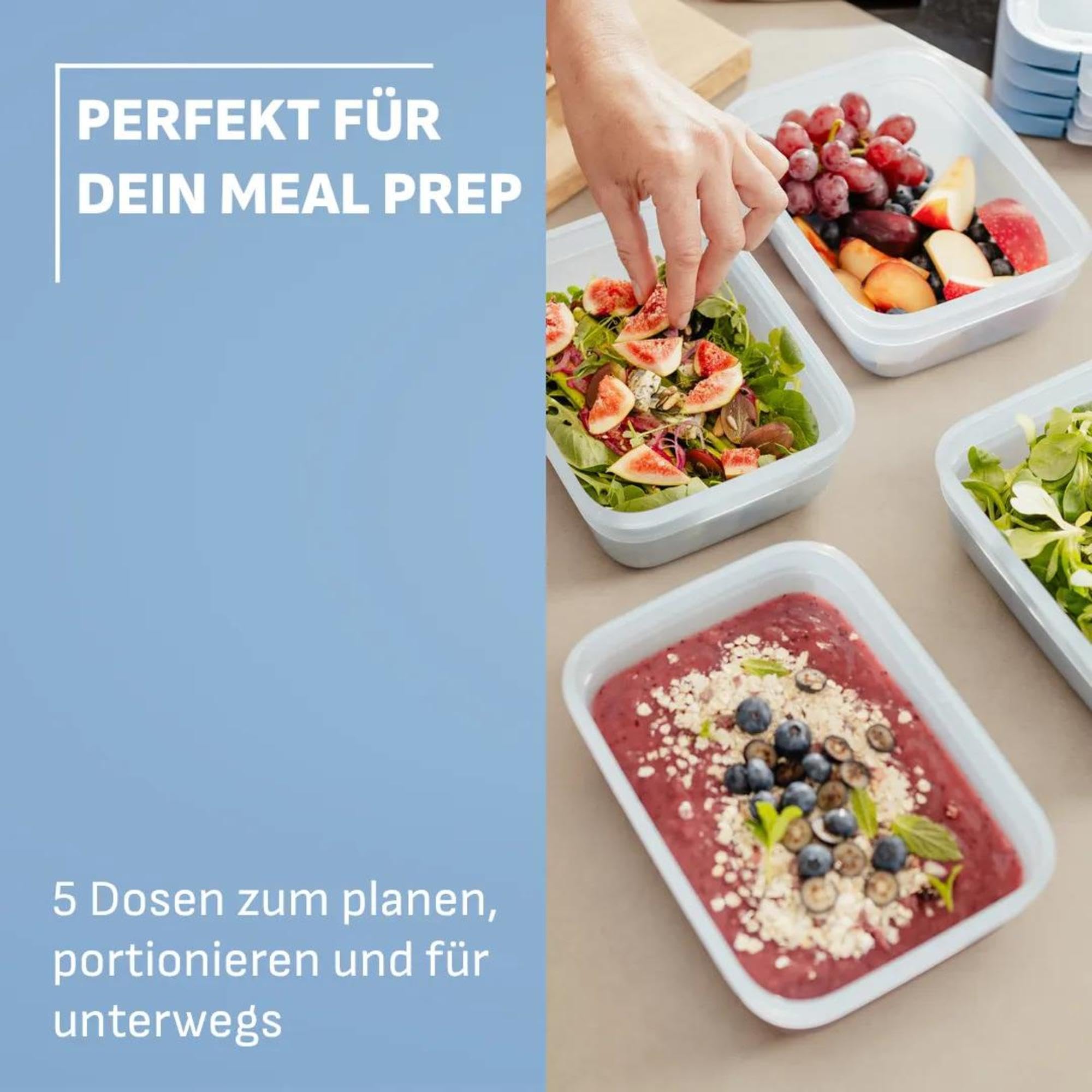 Emsa oneClick, Vorratsdose, One-Click System, Hält Lebensmittel 2x Länger Frisch, 100% Auslaufsicher, Made in Germany, Blue, 5-teiliges Meal-Prep Set 5× 1,2 L / 40,6 fl.oz, N1231200