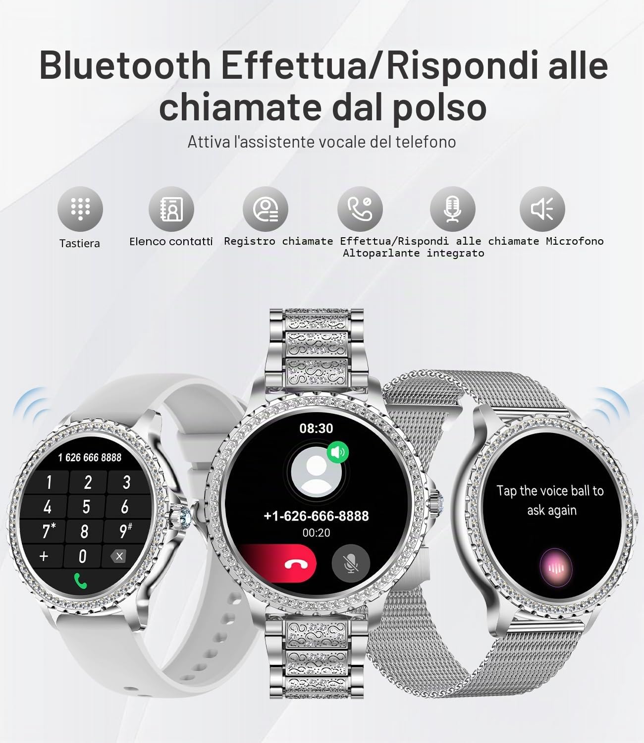 Smartwatch Chiamate, 20 Sport Orologio Smartwatch Donna, Fitness Contapassi Cardiofrequenzimetro Pressione Sanguigna SpO2, Monitoraggio del Sonno, Android iOS,Argento