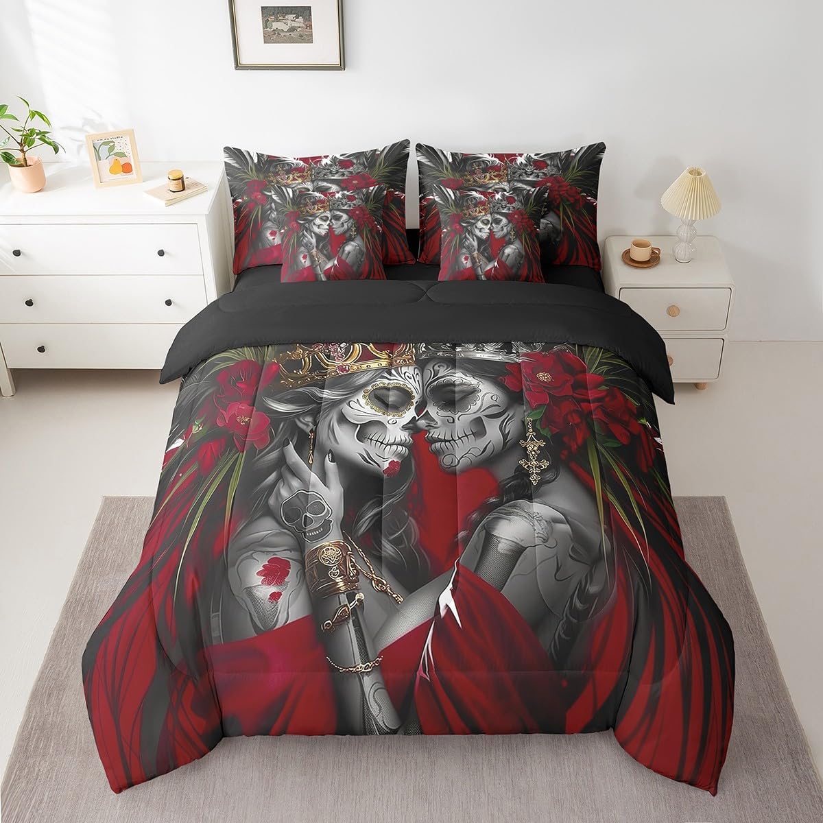 Erosebridal Sugar Skull Couple Bedding Set King Size,Rose Love Comforter Set,Skeleton Lover(Comforter+Fitted+Flat Sheet+2 Pillowcases+2 Throw Pillow Covers) 7 Pieces Valentine's Day Gift Bed Set