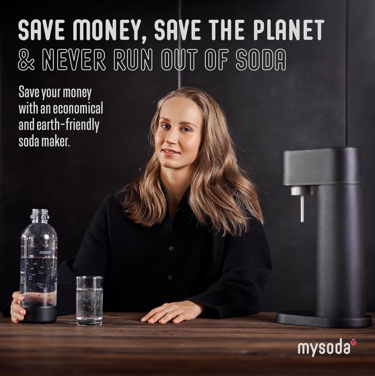 Mysoda Woody Sparkling Water Maker - Silent Carbonated Water Machine Robust Long-Lasting Aluminium Soda Maker - With 1L Water Bottle - Without CO2 Cylinder - Black