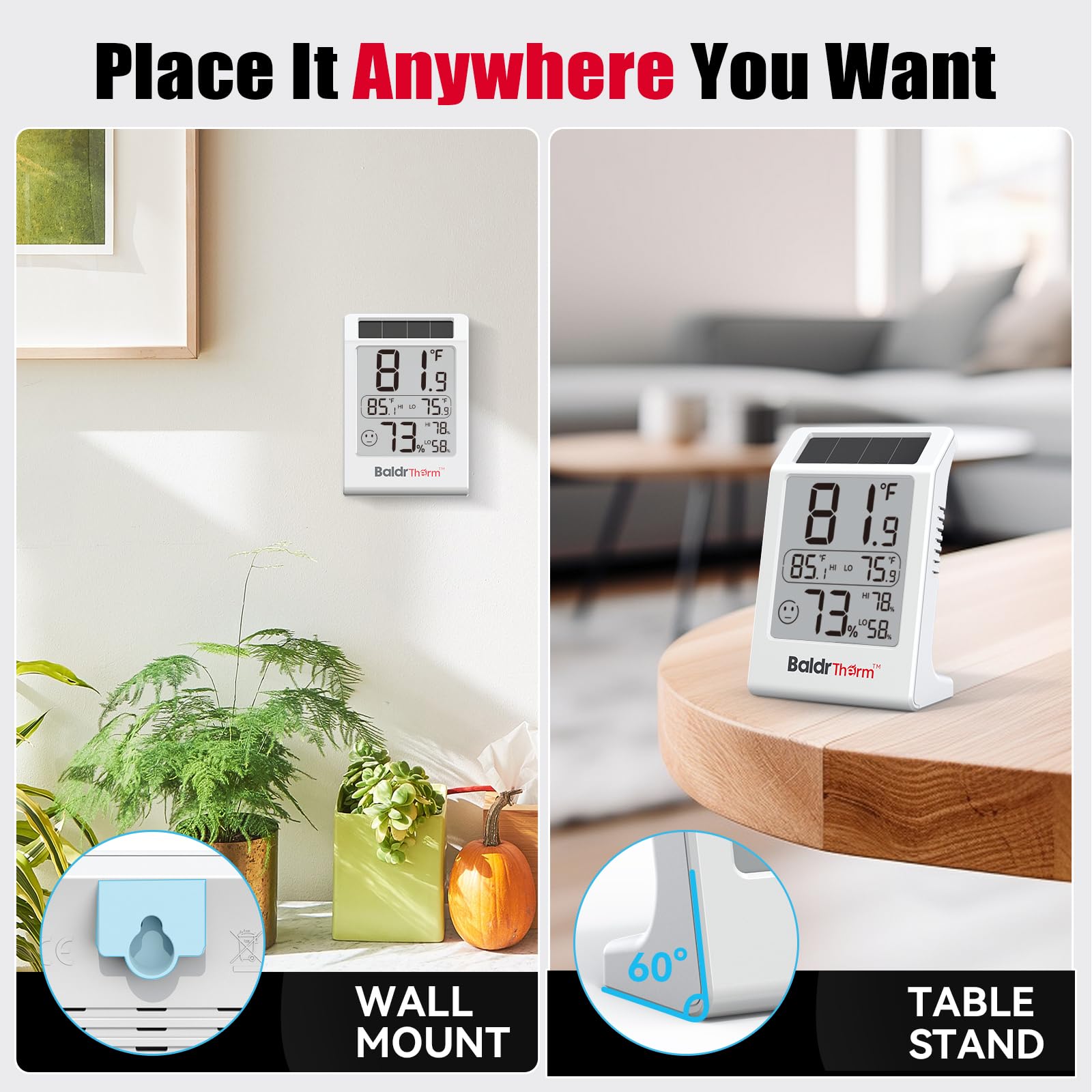 BaldrTherm Misuratore di umidità per stanza, igrometro a energia solare, sensore di temperatura digitale per interni, 8,1 cm, misuratore di umidità per stanze dei bambini, casa, ufficio, confezione da