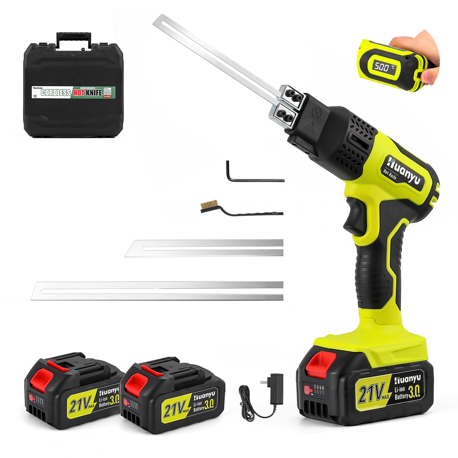 Huanyu Coltello a Caldo a Batteria con 2 Lame Terme 10cm + 15cm 100W Coltello Termico Elettrico con Display della Temperatura 500℃ Max (2 Lame)