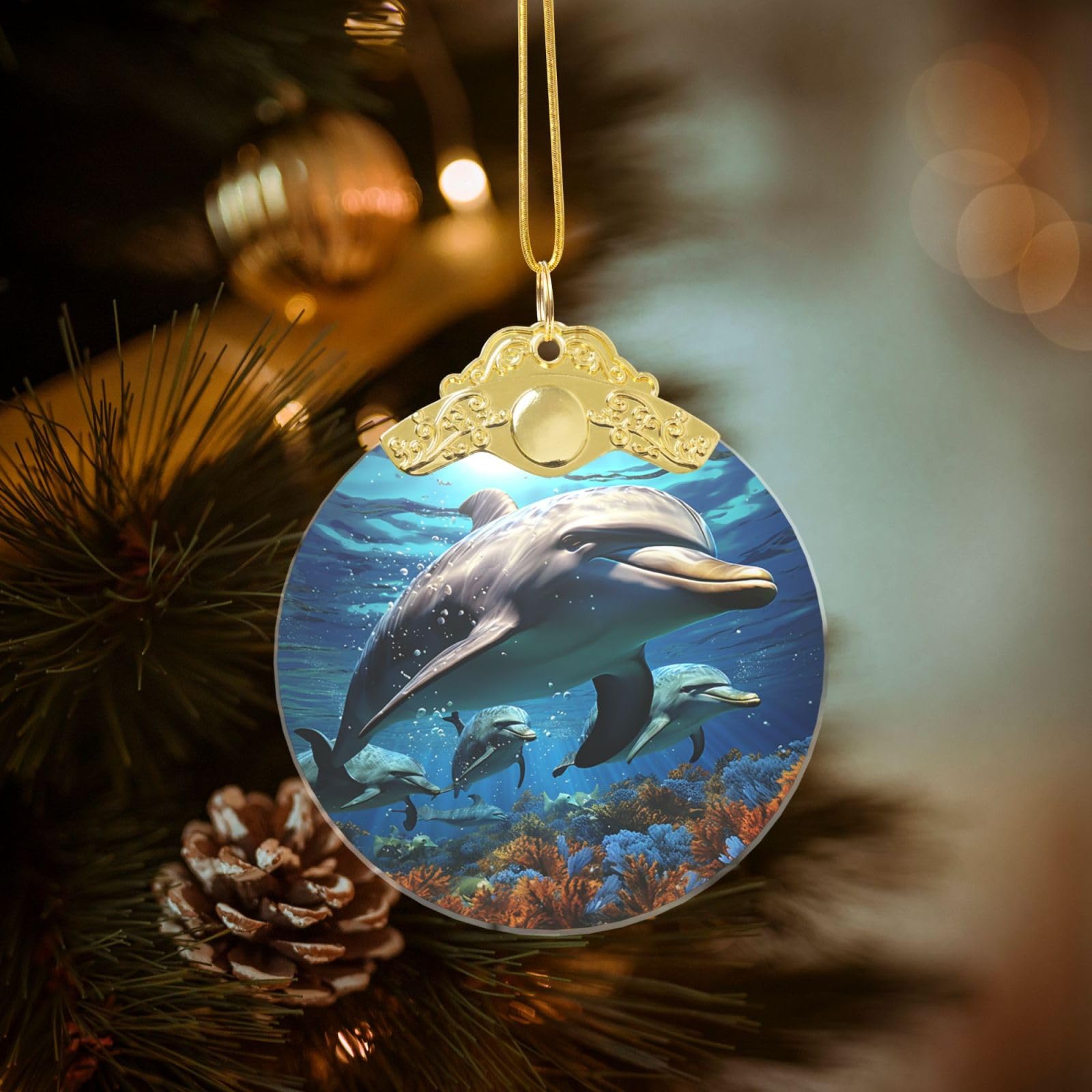 Crystal Christmas Ornaments for Christmas Tree Decoration Hanging Dolphins Ornament with Gold Ribbon Crafts Round Pendant for Keepsake Gifts Glass Xmas Decor Party Supplies