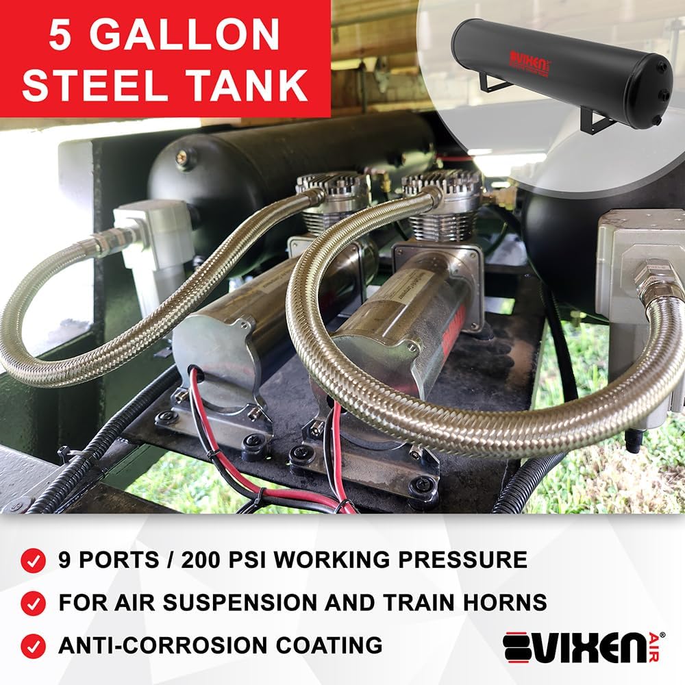Vixen Air VortexX Suspension Kit for Truck/Car Bag/Air Ride. On Board System- 300psi Dual Cylinder Compressor, 5 Gallon Tank. For Boat Lift,Towing,Lowering,Load Leveling,Onboard Train Horn VXO8852DB