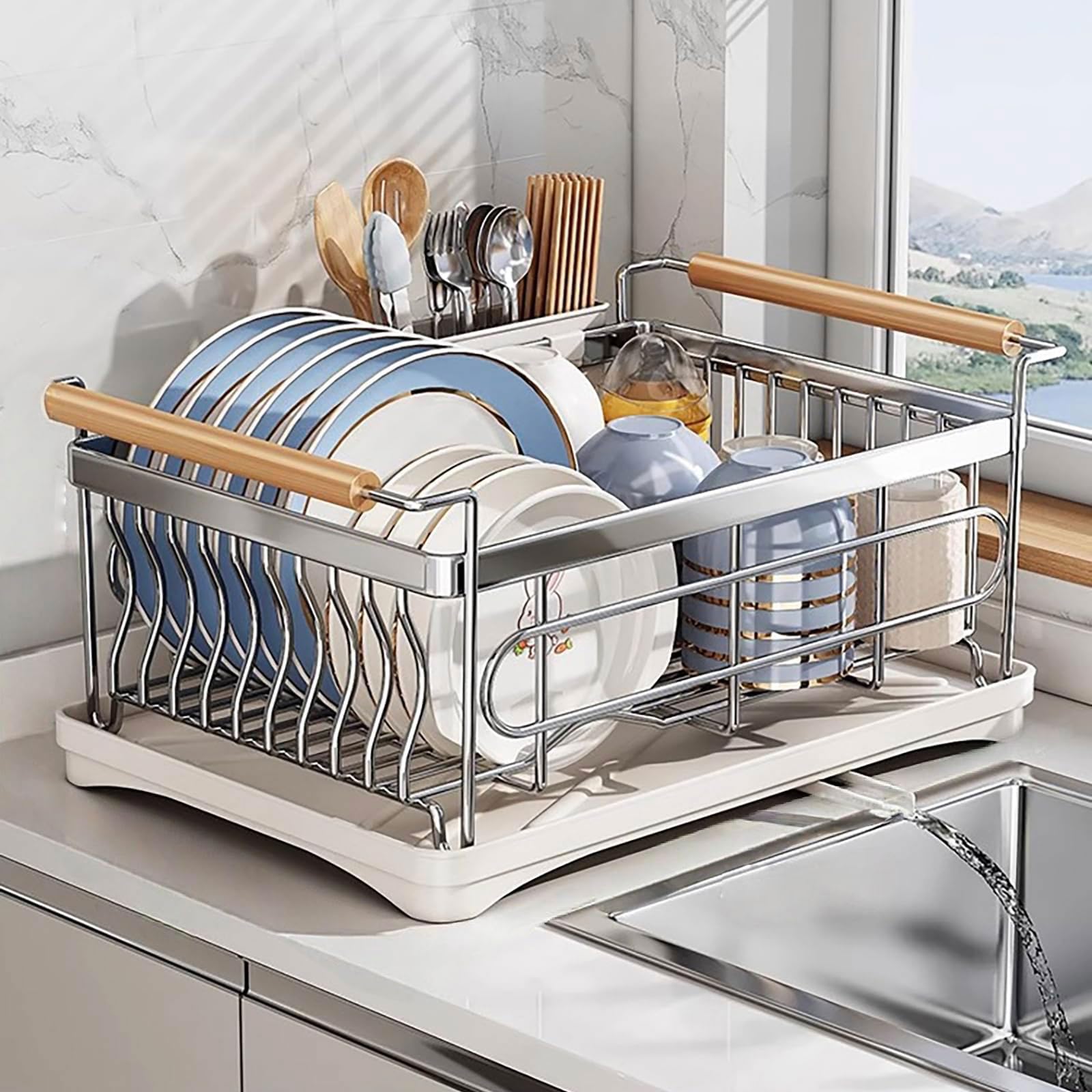 Escurridor de platos 46*31*23CM Escurreplatos Acero Inoxidable Cocina con Bandeja Recogegotas y Portacubiertos Secador Boquilla Giratoria 360° Ahorra Espacio Secaplatos para Encimera de Cocina