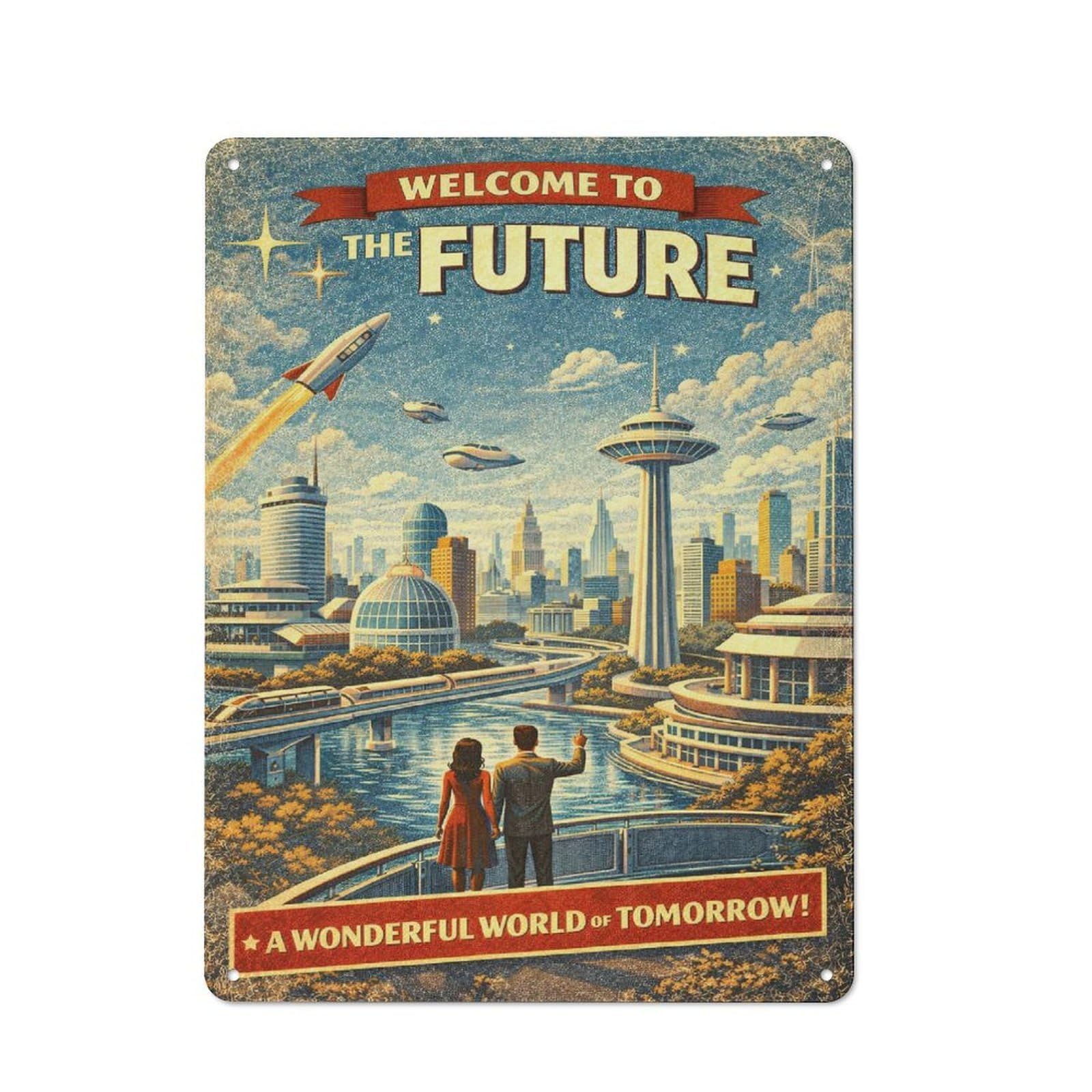 Junmoney Style-14 Welcome To The Future Vintage Tin Sign 40X30cm, Vintage Home Bar Decor For Cafe, Pub, Workshop Or Home Bar, For Relaxed Wall Styling