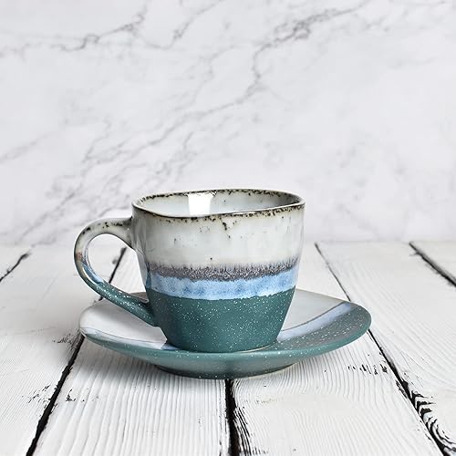 Miniatura 6 de Bosmarlin Juego de 2 tazas de café de gres con platillo para café con leche, capuchino, té, onzas, lavavajillas y microondas (verde, 2)