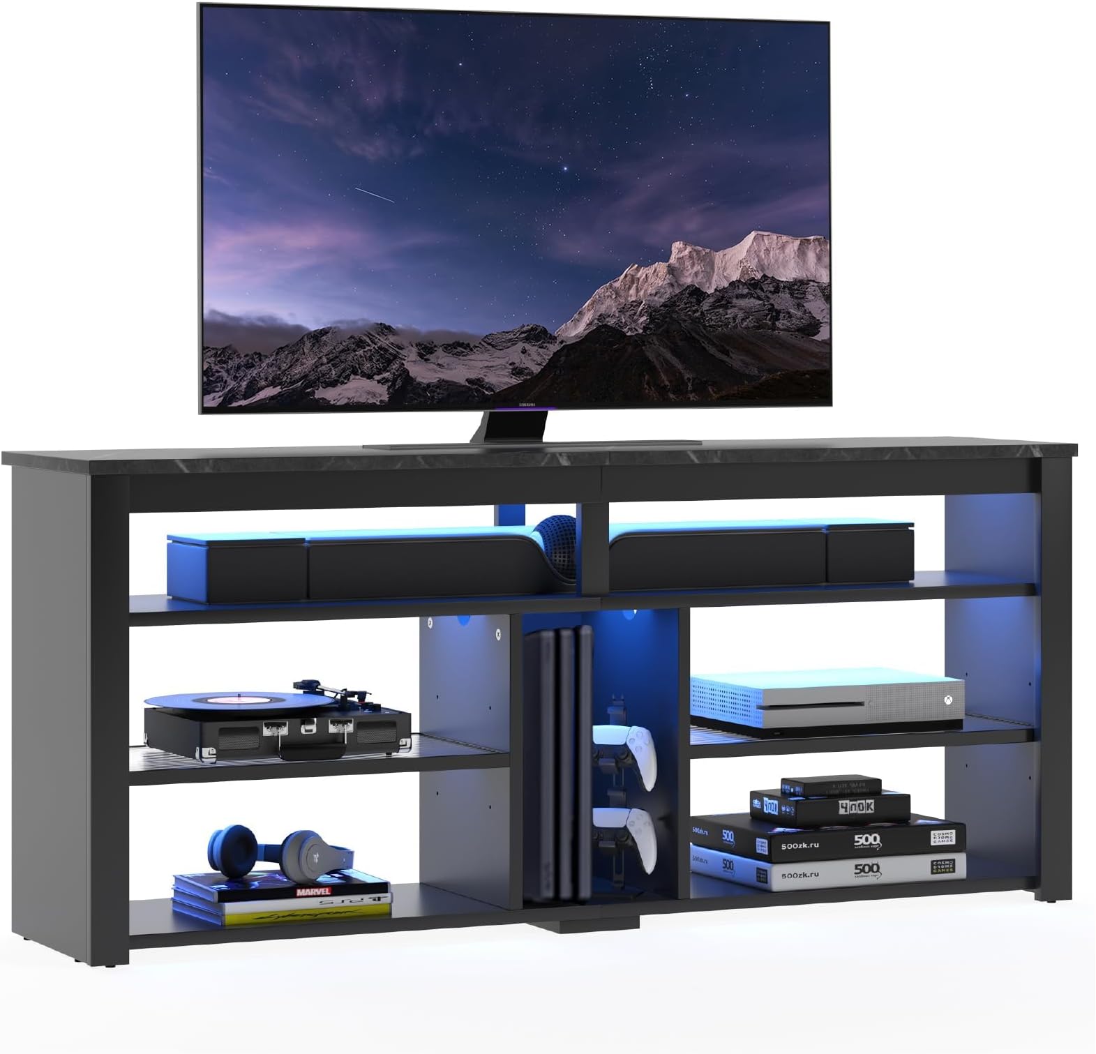 Bestier LED Tall Entertainment Center for 55/60/65 inch TV, TV Stand with Storage for PS4 Xbox, Adjustable Shelf Media Console for Living Room, Black Marble