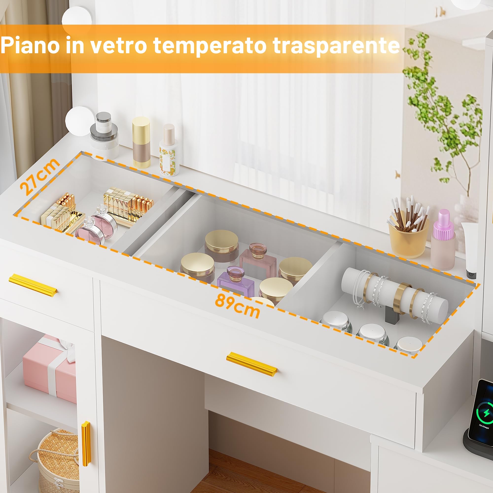 BEWISHOME Grande Toeletta da Trucco con Specchio e Luci,Luminosità Regolabile, Toeletta Trucco con Piano in Vetro,Tavolo da Trucco con Presa,5 Cassetti,per Camera da Letto Bianco EFST34W