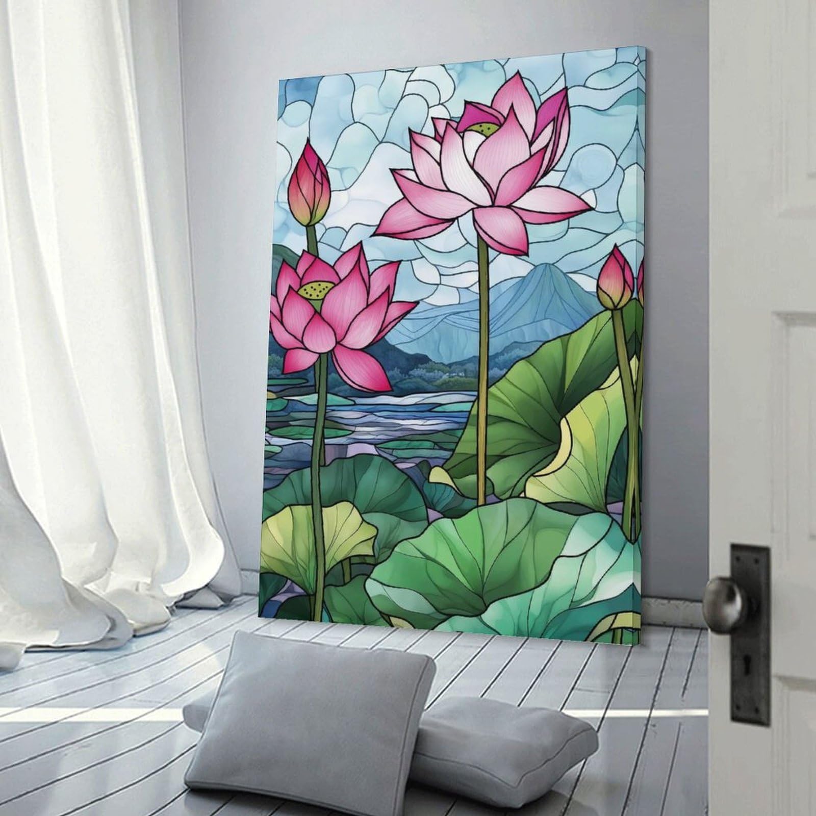 Junmoney Lotus Flowers in Stained Glass Canvas Wall Picture 16x24inch(40x60cm), for Contemporary Homes, Apartments Or Offices, Wall Decor with Flexible Room Appeal