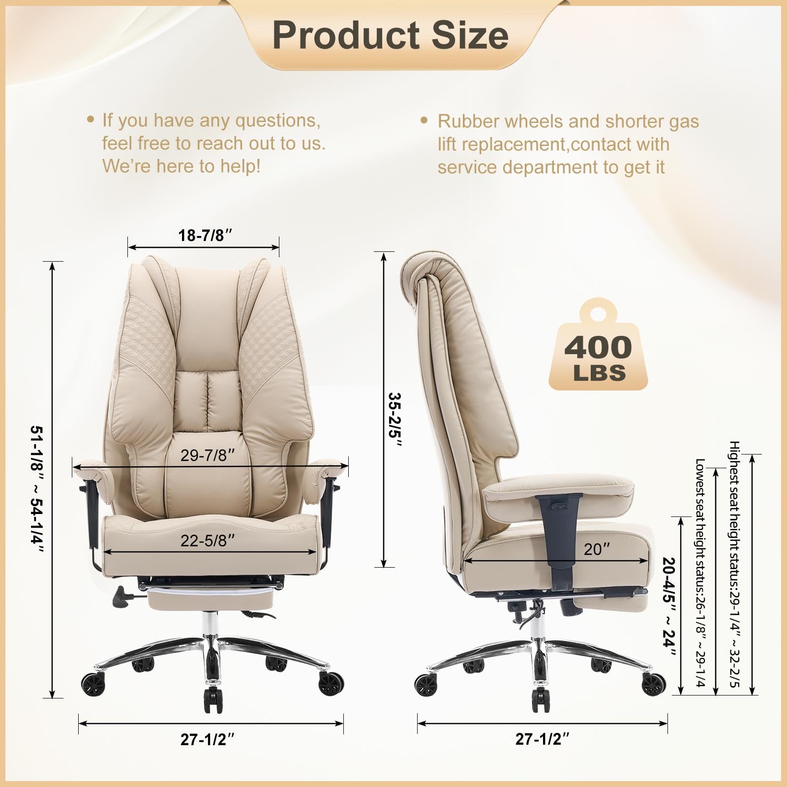 EXCEBET Big and Tall Office Chair 400lbs Wide Seat, Leather High Back Executive Office Chair with Foot Rest, Ergonomic Chairs Lumbar Support for Lower Back Pain Relief (Beige) - 3