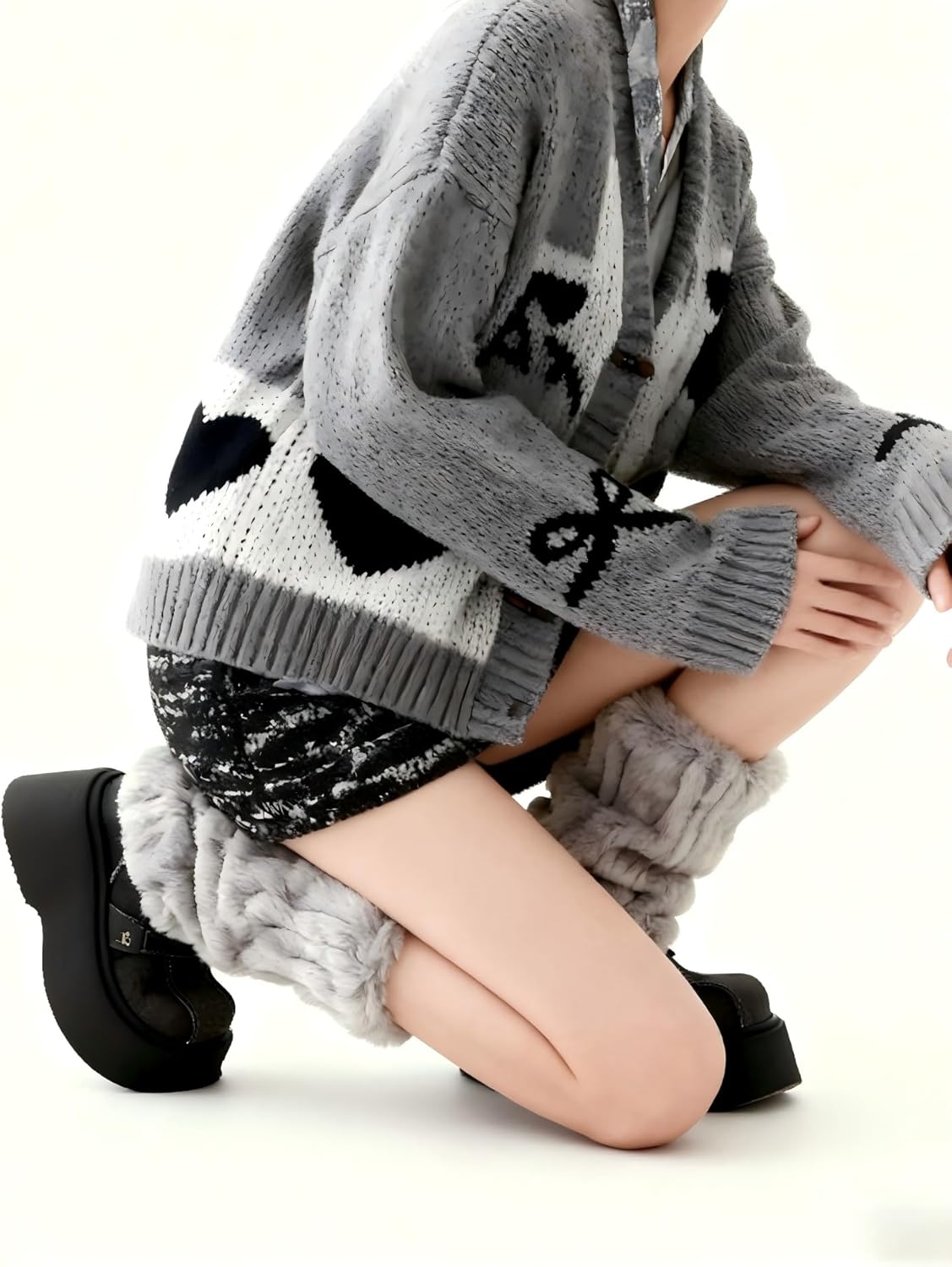 Womens Fur Leg Warmers Y2k Kawaii Cute Boot Socks Fuzzy Grey Leg Warmers for Girls Lolita Furry Cover Sleeves - Image 3