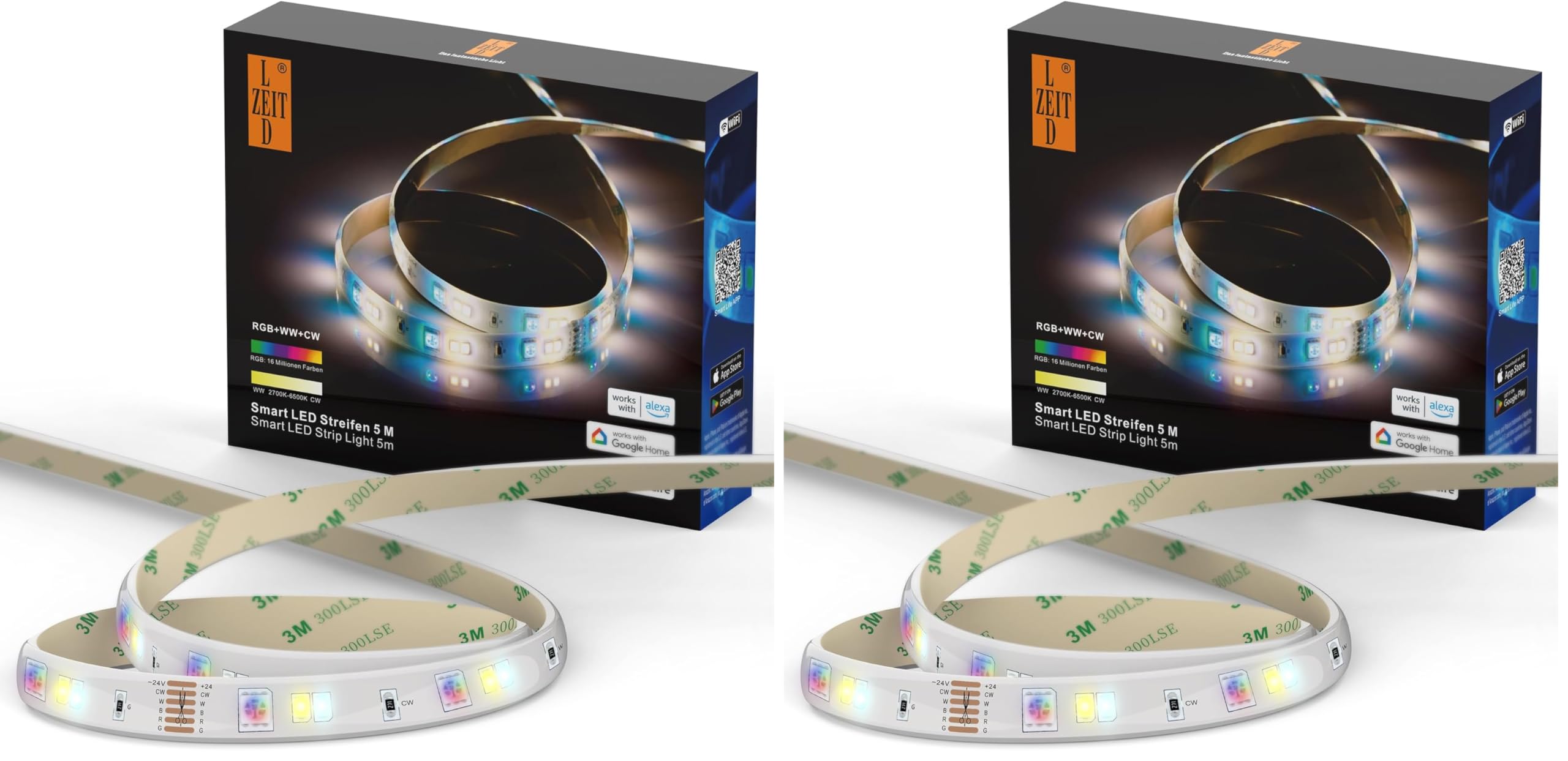Smart Serie-5m LED Strip, 24V RGBCCT (RGB+Warmweiß+Kaltweiß), 90 LEDs/M, Beschichtetes Lichtband, App-Steuerung, Funktioniert mit Alexa und Google Home, ideal für Zuhause (Packung mit 2)