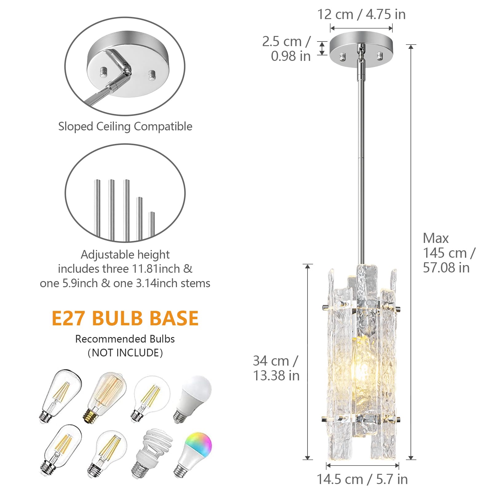 Einflammig Pendelleuchte Modern Vintage Glas Hängelampe Höhenverstellbar Chrom Hängeleuchte für Küche Esstische Esszimmer Schlafzimmer, E27 Sockel