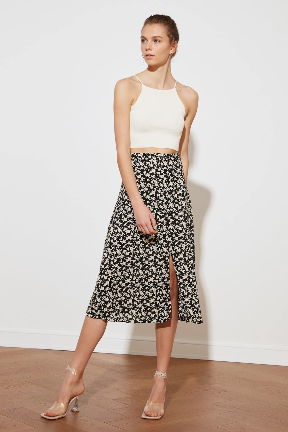 Trendyol Women's Black floral Patterned teardinner Skirt, 40