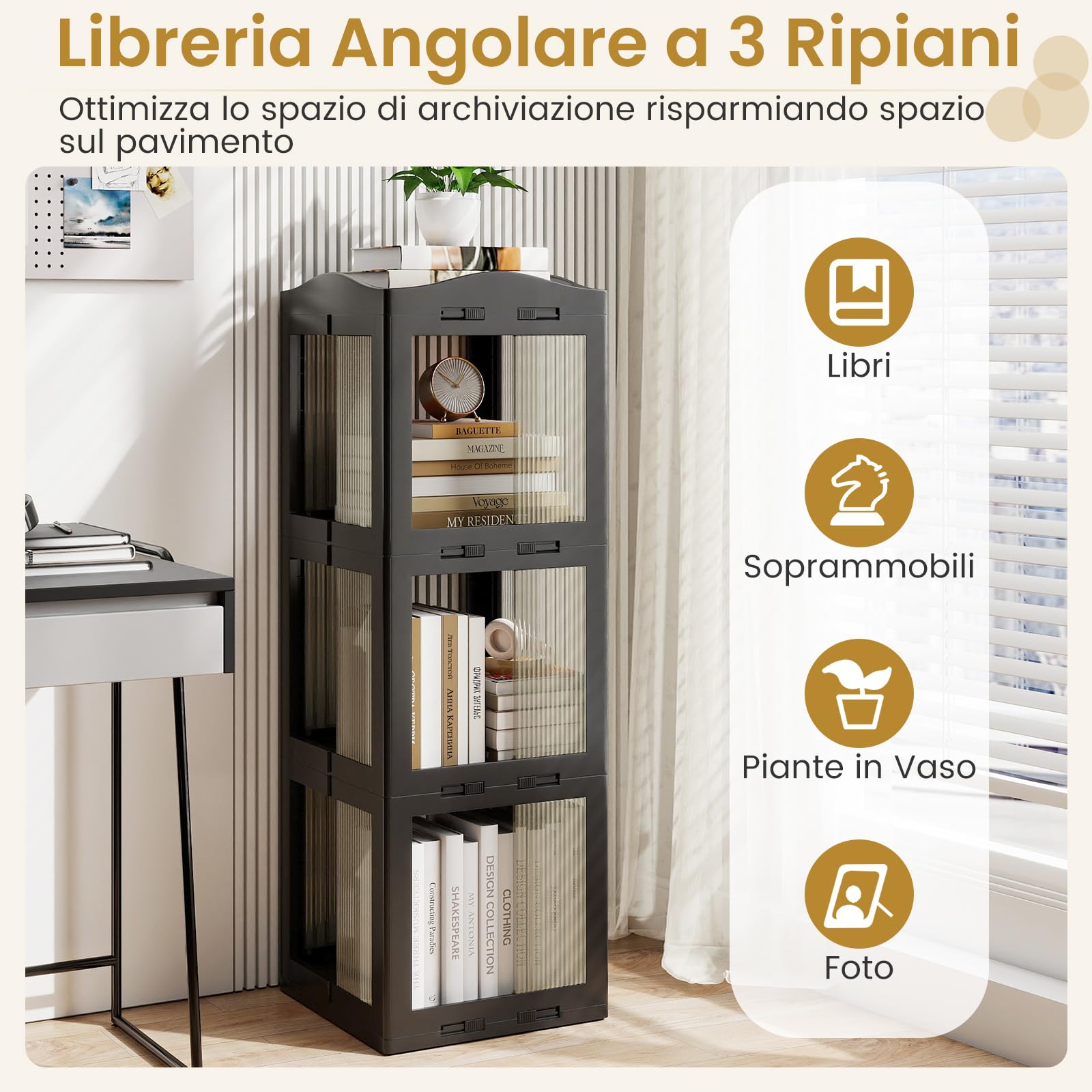 RELAX4LIFE Libreria Girevole a 360°, Scaffale a 3/4/5 Livelli con Pannelli Trasparenti e Base Girevole, Mobile Contenitore per Camera da Letto, Soggiorno e Ufficio in Casa (Nero,3 Livelli)