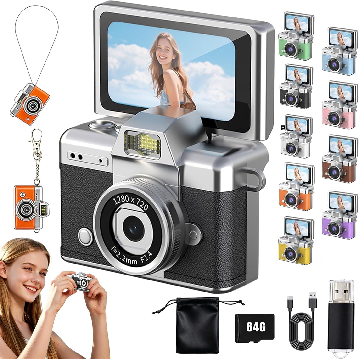 Retro Flip Screen Mini Camera Keychain, Mini Digital Camera with 1.47 in LCD Screen, Pocket-Sized Cameras with 64GB Memory Card for Travel, Study, and Daily Use (Black)