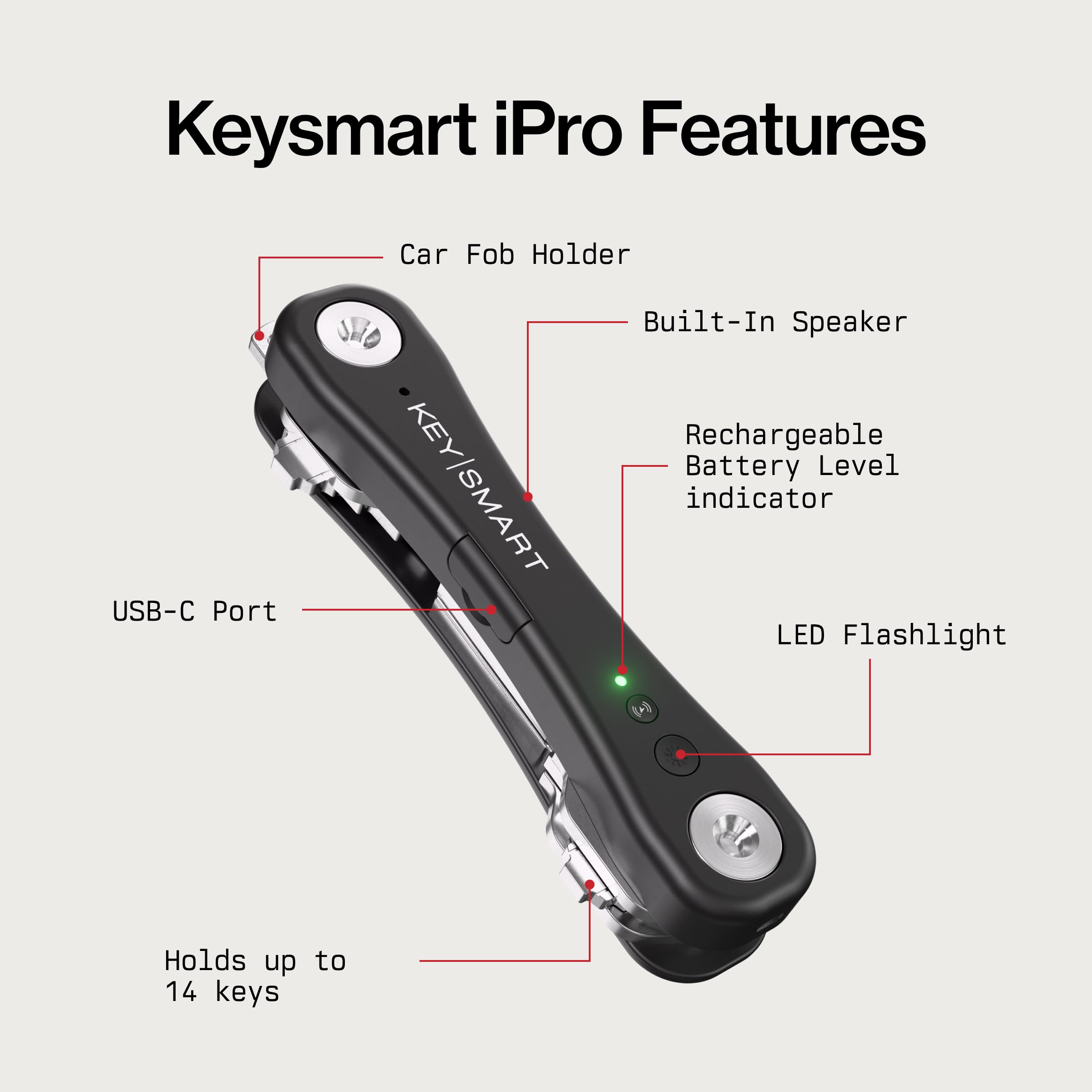 KeySmart iPro - Trova chiavi con suono, portachiavi compatibile con Apple Find My App, organizer per chiavi, portachiavi compatto e senza ingombri, regalo tecnico per uomini (fino a 14 chiavi, nero)