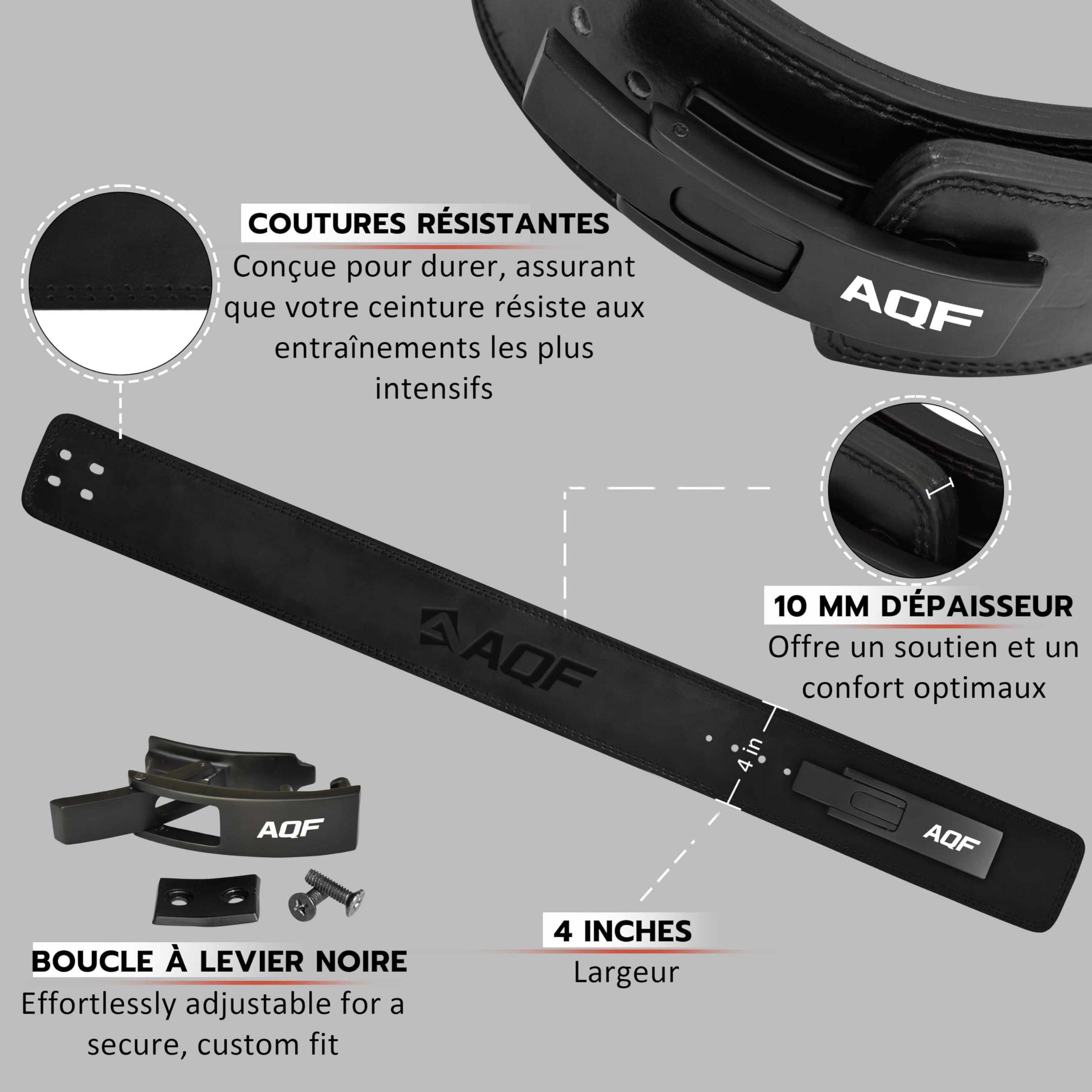 AQF Ceinture Musculation Levier, Cuir 10mm 4", Approuvée IPL & USPA