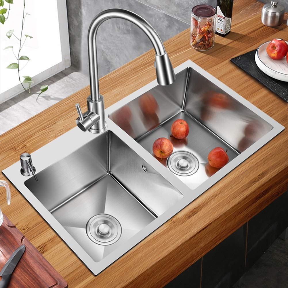 Juego Combinado de Grifo extraíble para Fregadero Doble de Cocina, de Acero Inoxidable Cuadrado, con Kit Completo de fontanería, desagüe y Accesorios para instalación empotrada baj