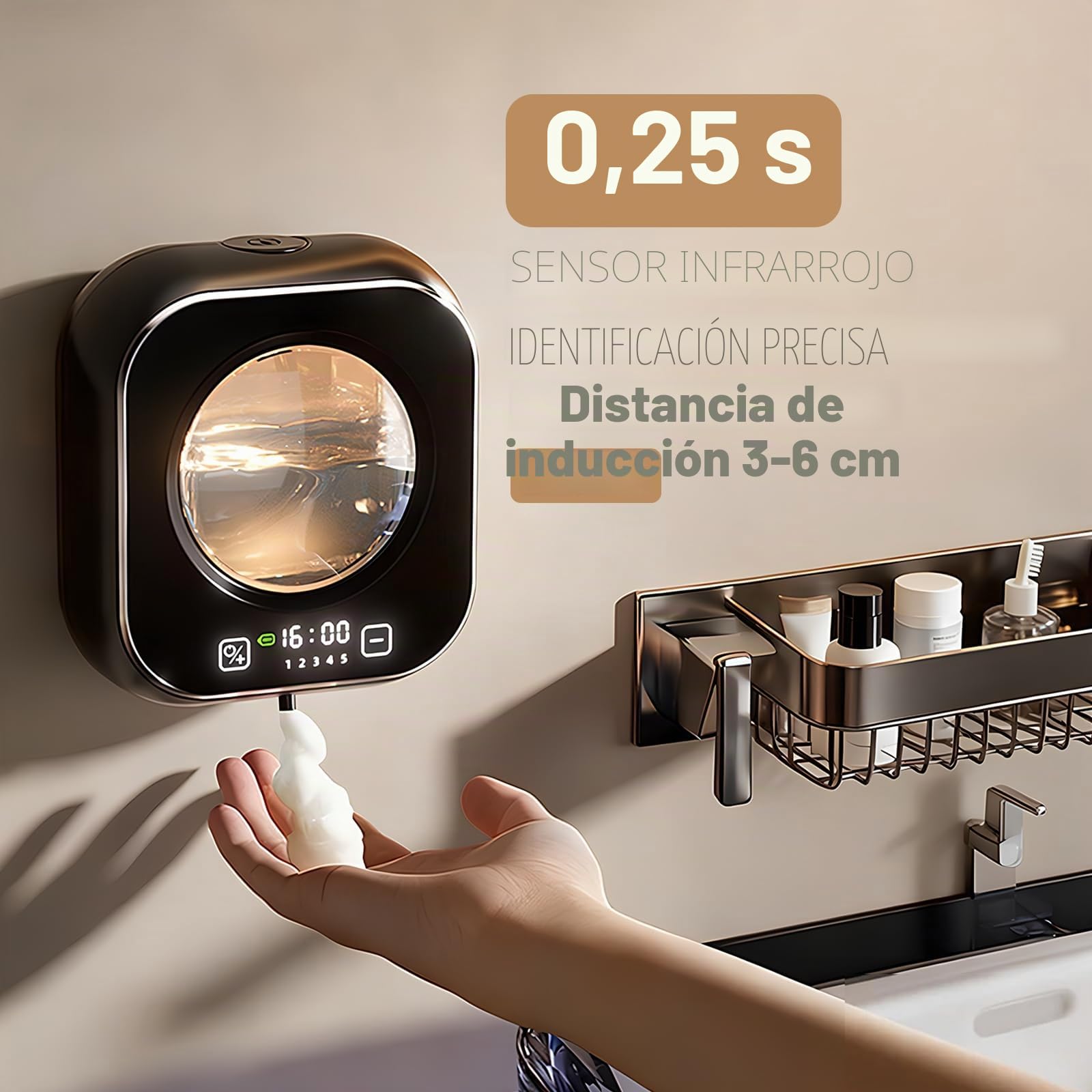 Dispensador Jabon Baño Automatico, 320ml Espuma Dispensador Dispensador Jabon Baño Pared Recargable con Lluminación Ambiental, Sin Contacto, 5 Niveles Ajustable, para Cocina, Baño, Hotel
