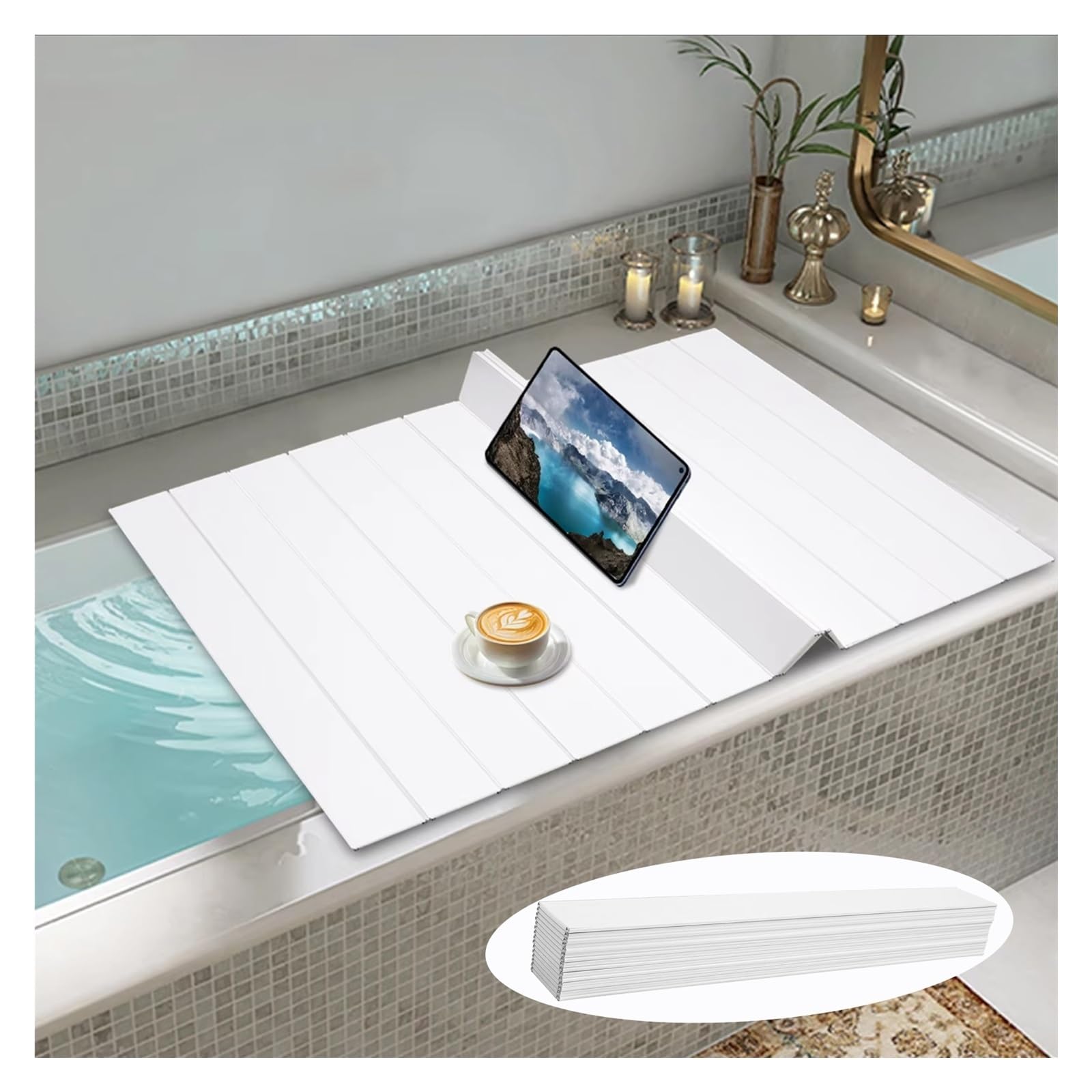 Couverture de baignoire pliable en PVC étanche blanche | Plateau isolant 67x27 cm