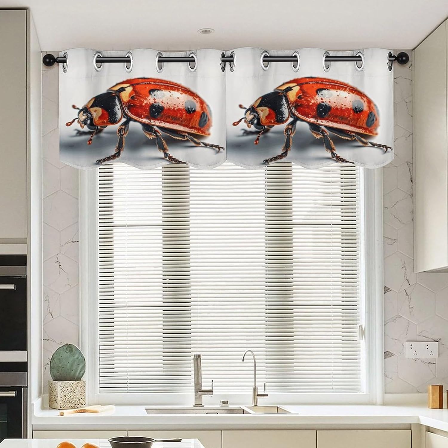 Ladybug on White Background Curtain 2 Panels, Polyester Fiber, Blackout Insulated Window Curtain, Curtain Valance for Kitchen Dining Room Living Room Cafe Small Window 52 * 18.1 Inches