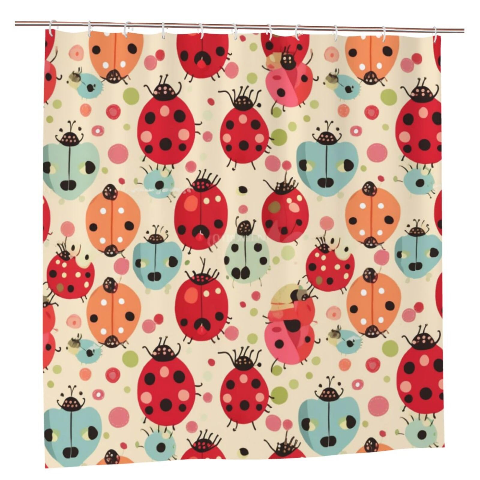BWWHCCTI Ladybugs Cartoon Pattern Printed Shower Curtain With 12 Plastic Hooks Opaque Quick Drying Waterproof Shower Curtains Sets For Bathroom 183x183 CM