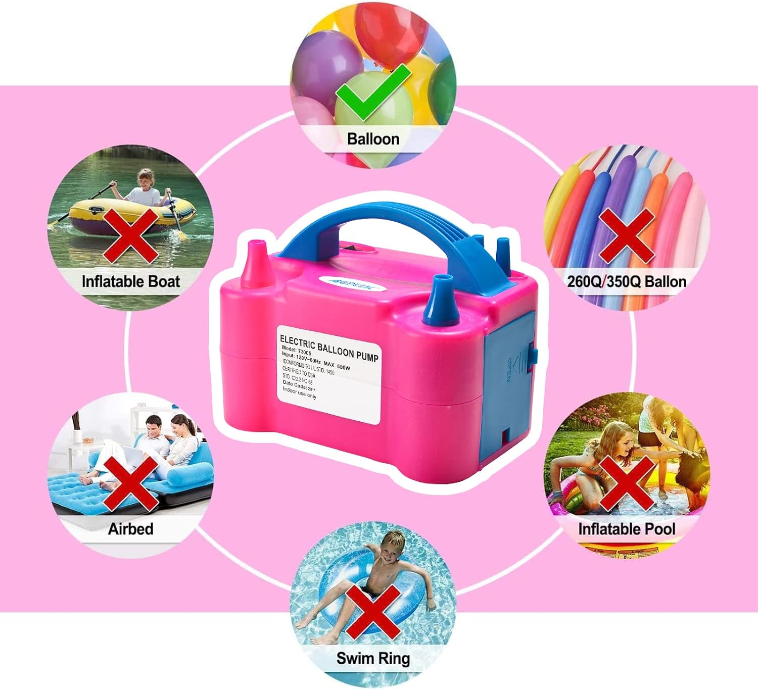 AGPTEK 110V 600W Two Nozzle High Speed Electric Balloon Inflator Pump Portable Red Air Blower