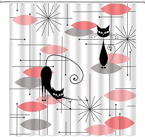 Miniatura 2 de Cortina de ducha de gato negro de mediados de siglo, color rosa y gris, moderno, atómico, abstracto, geométrico, patrón icónico, retro, negro,