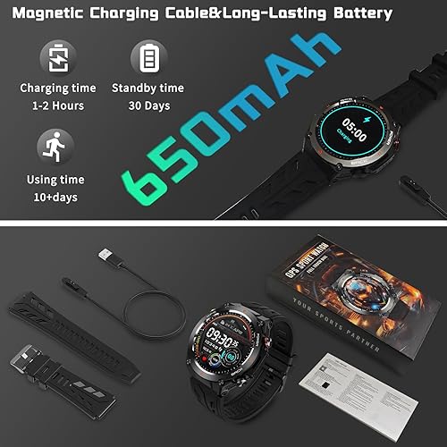 Miniatura 9 de Reloj inteligente militar con GPS, presiónaltitudbrújula, reloj inteligente resistente para hombres con batería extragrande de 650 mAh,