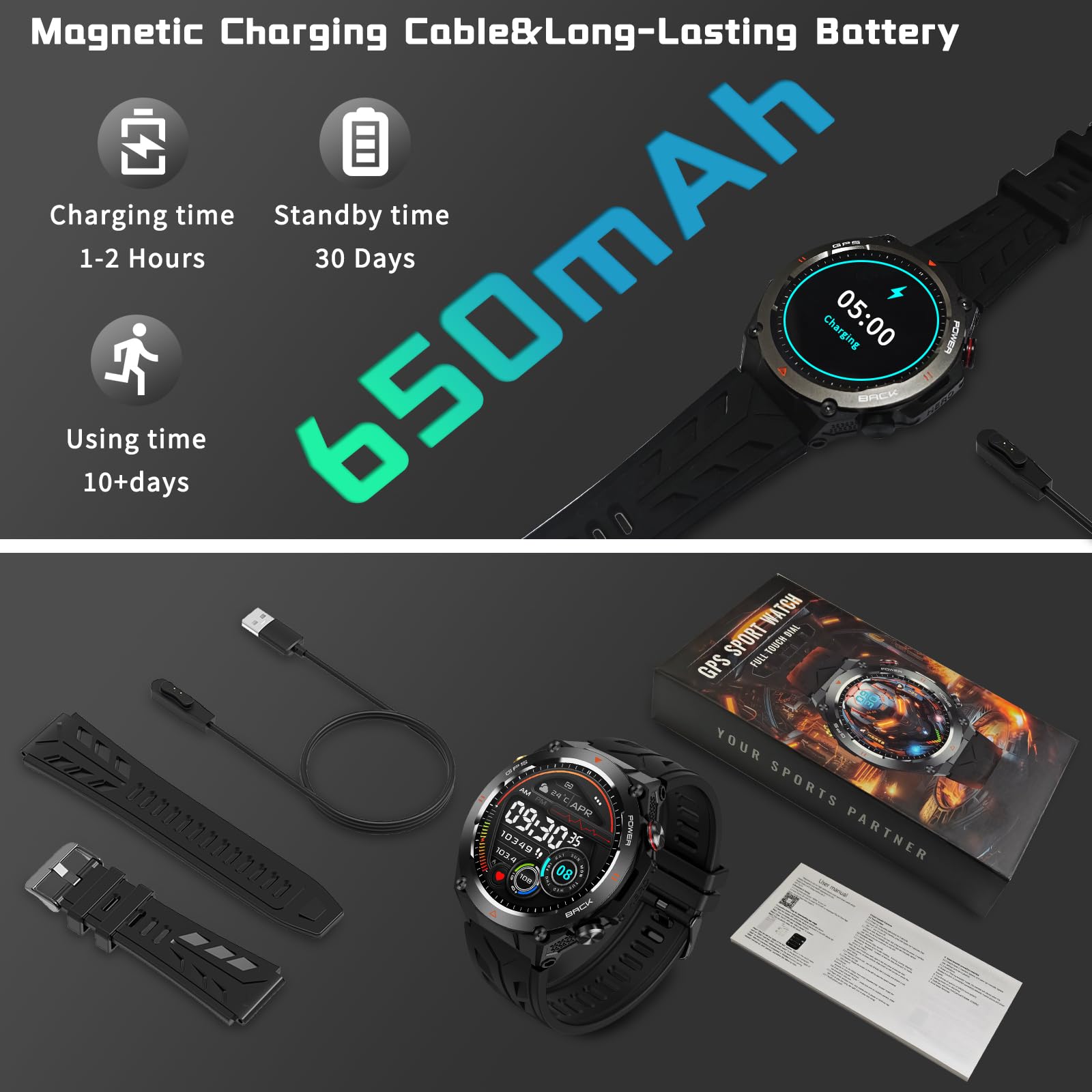 Smart Watch militare con GPS, pressione/altitudine/bussola, robusto smartwatch da uomo con batteria extra large da 650 mAh, rispondere/effettuare chiamate, oltre 100 modalità sport, fitness tracker in