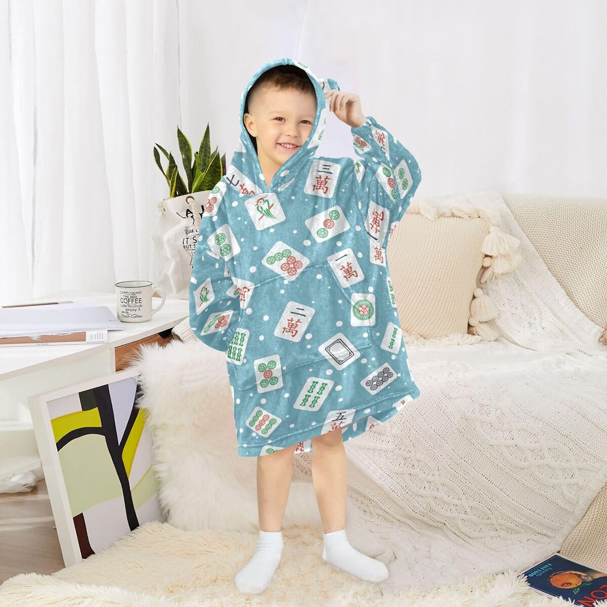 Mahjong Dziecięcy koc do noszenia, bluza z kapturem, oversize, sweter, tekstura, dla chłopców i dziewcząt w wieku 3-14 lat