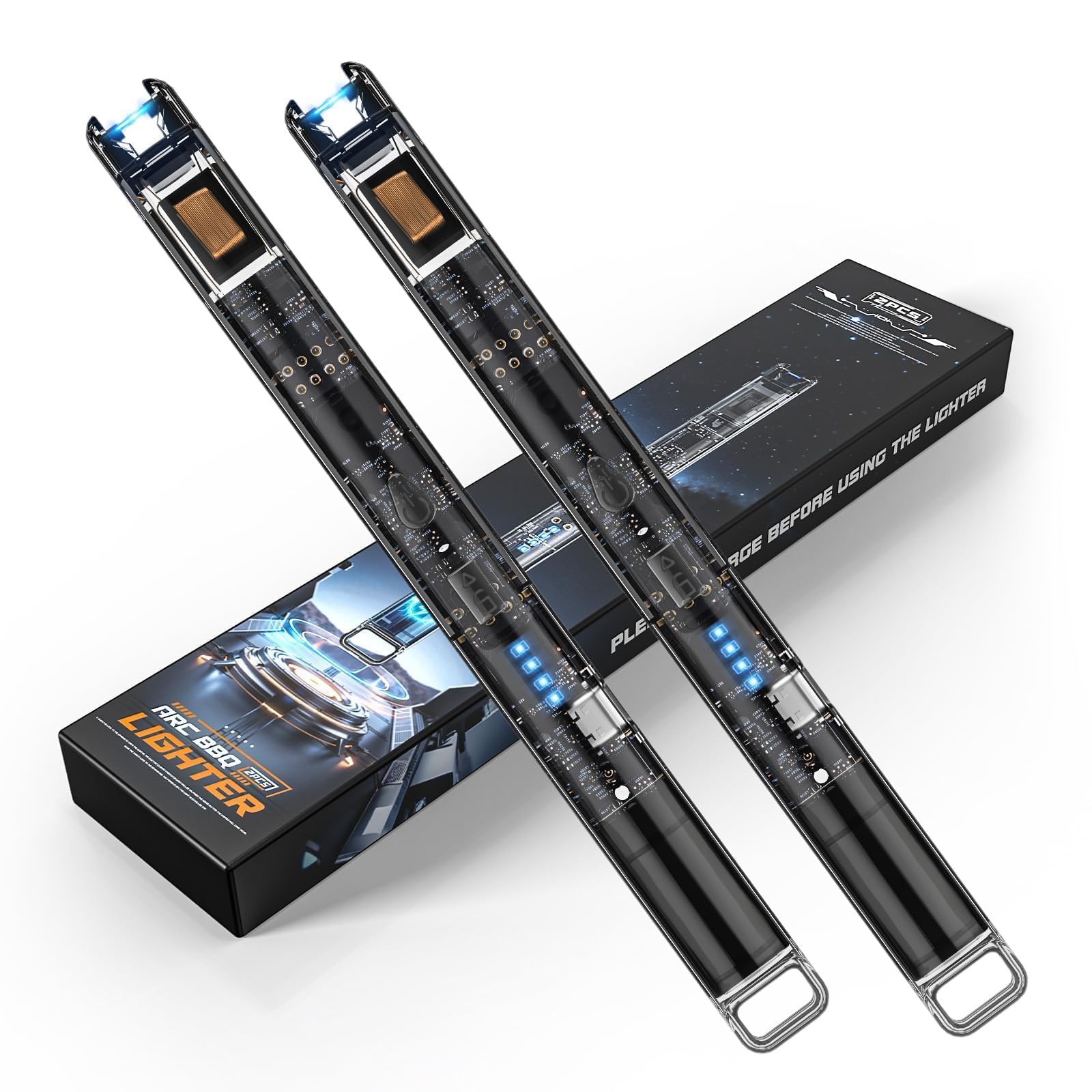2 Pack Electric Candle Lighters - 7.4 inch Long USB Rechargeable Plasma Arc Lighter with Safety Lock, Windproof & Flameless Lighter for Scented Candles, Grill, Camping - See-Through Tech Design