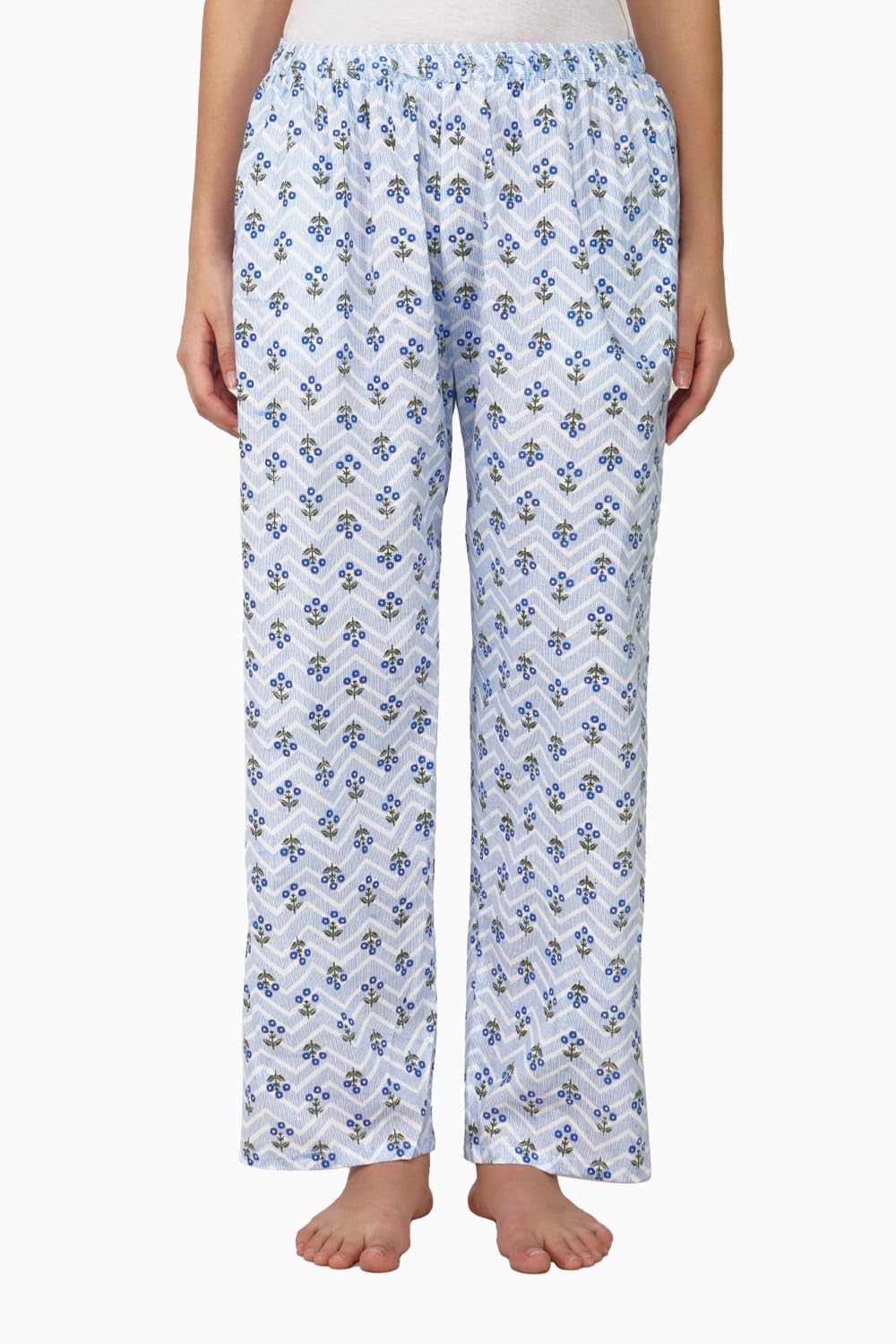 Omney - Women's Cotton Floral Printed Pyjama/Track Pant Lower (Free Size) (White Blue)-image-26