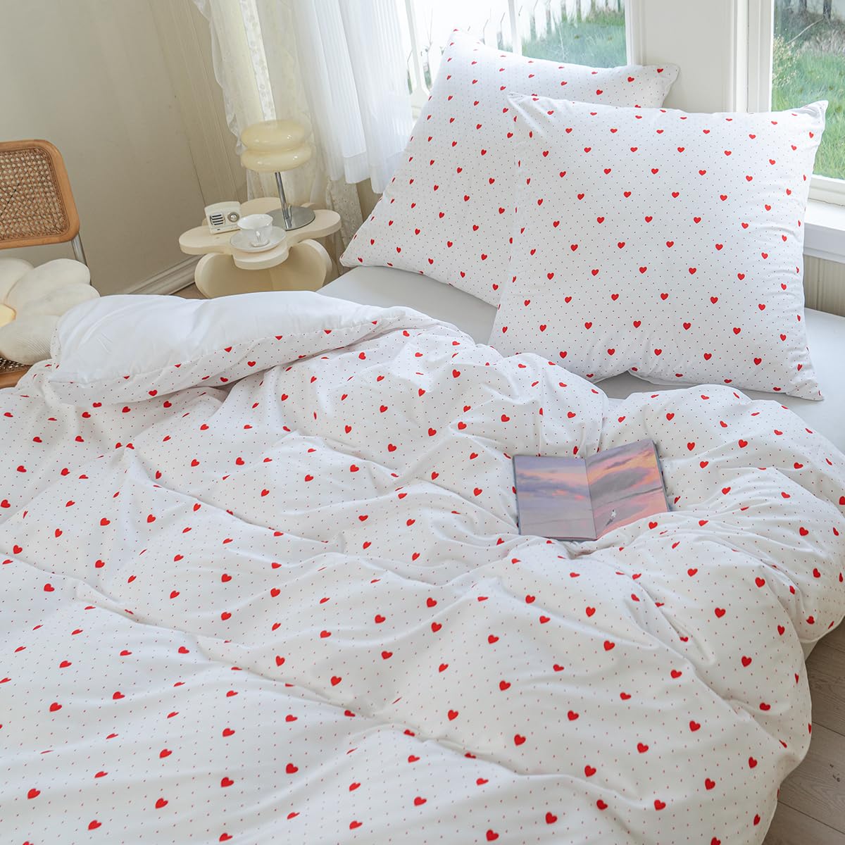 Nesture Bettwäsche 140x200 Mädchen Weiß Rot Herzen, Kinder Bettwäsche-Sets Microfaser Bettbezug 140 x 200cm 2teilig bügelfrei & weich - 1 Wendebettwäsche und 1 Kissenbezug 80x80 mit Reißverschluss