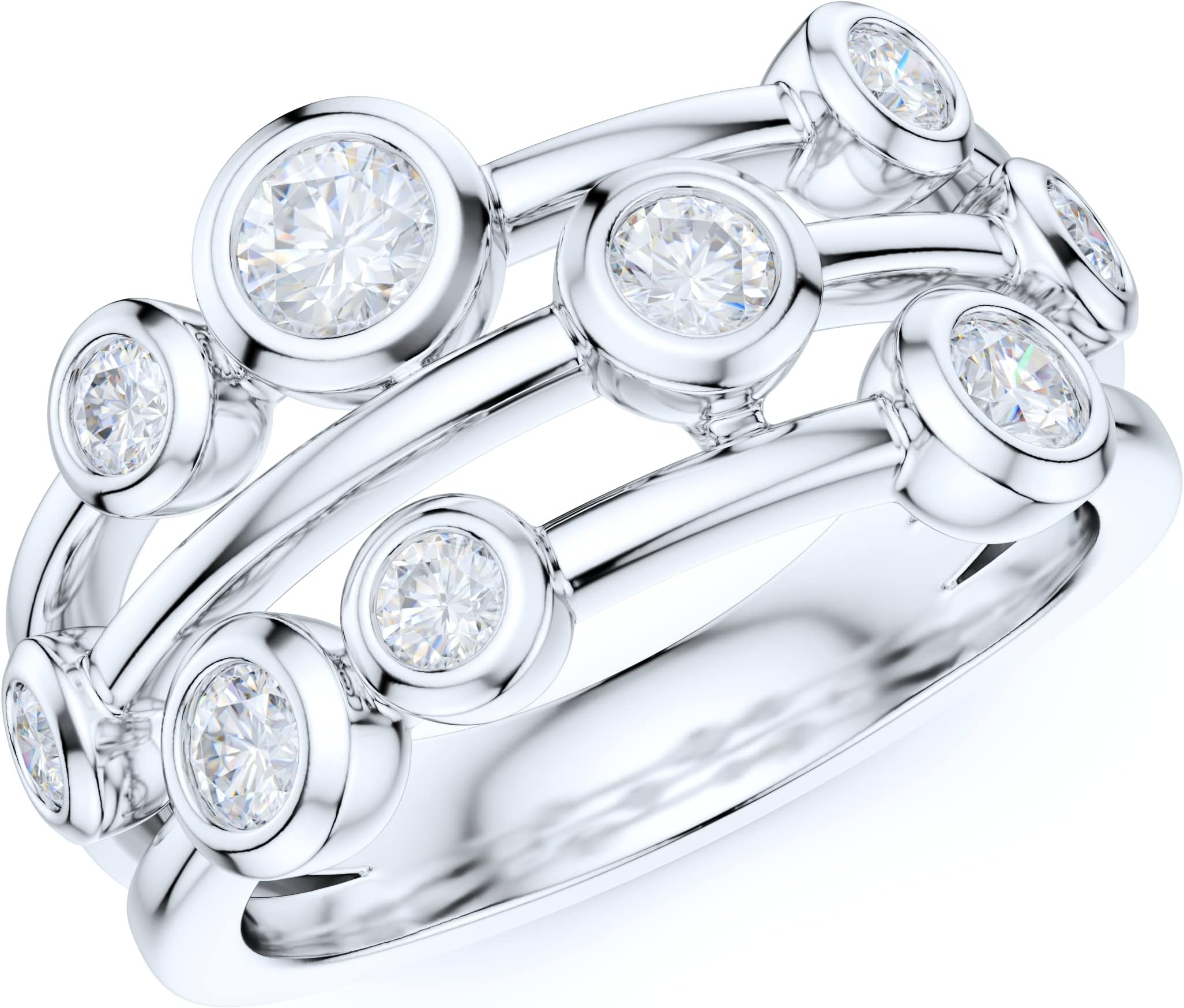 9mm Wide Solid Sterling Silver Triplex Row Bubble Cocktail Ring Simulated Round Bezel Set Diamond or Genuine Moissanite Wedding Band