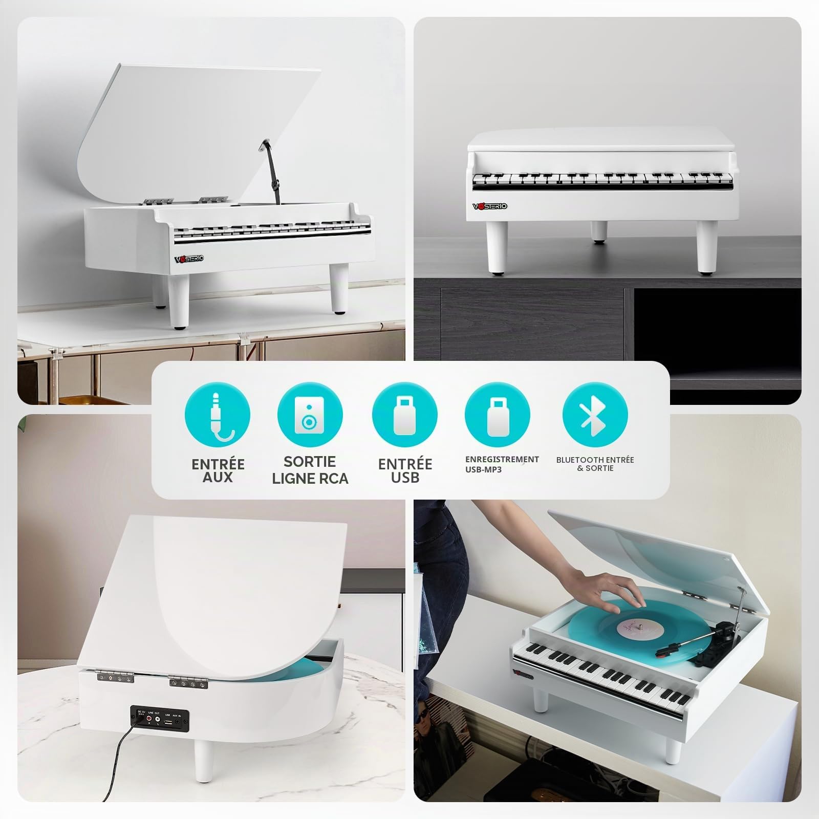 Vosterio Tourne-disque vinyle à 3 vitesses avec haut-parleurs stéréo intégrés, tourne-disque avec fonction de réception Bluetooth et sortie Bluetooth, lecteur USB, vinyle vers MP3, blanc
