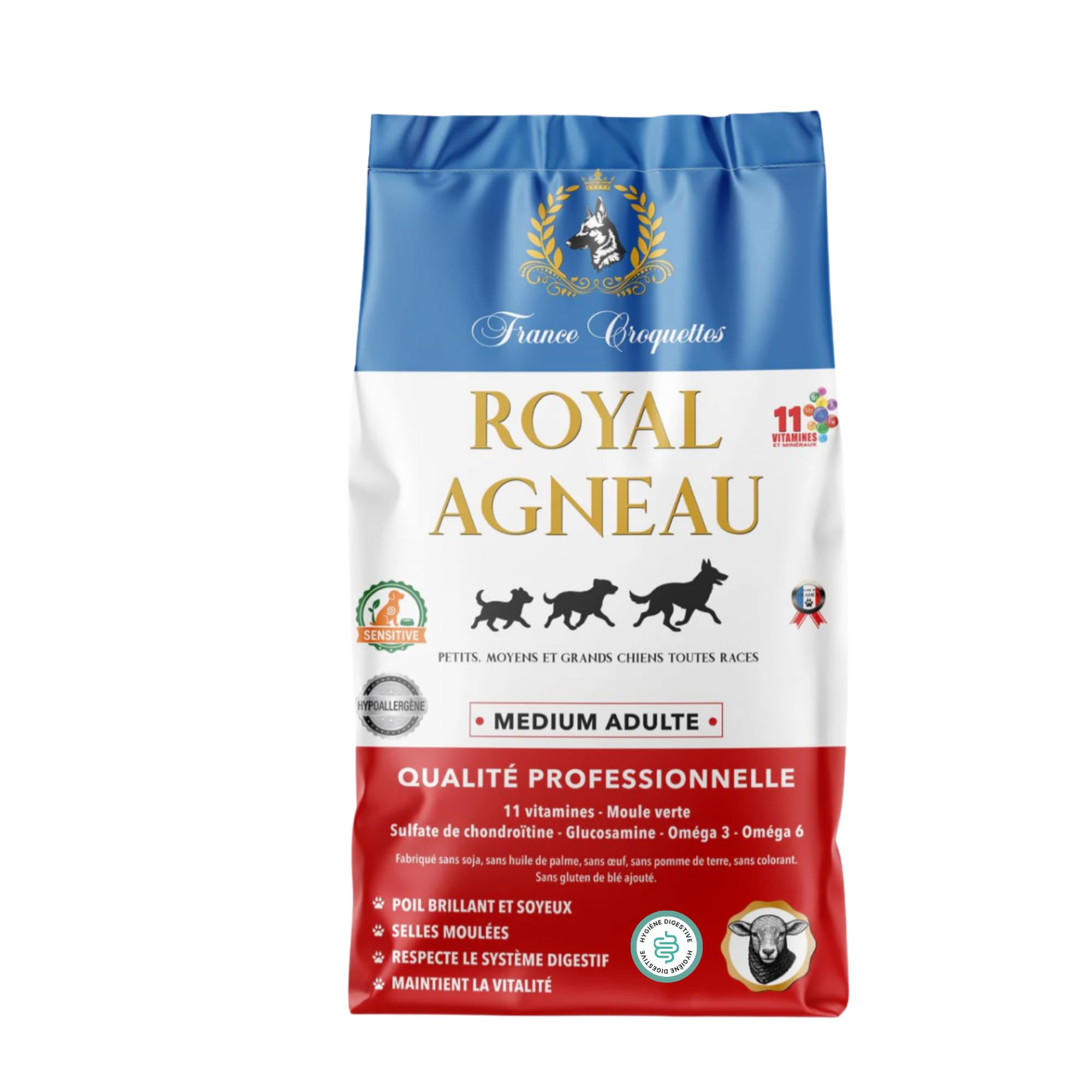 Croquettes hypoallergéniques Chien Adulte France Croquettes Royal Agneau – sans blé, hautement digestes, Riches en protéines, avec prébiotiques & probiotiques pour Flore intestinale Saine - 12KG