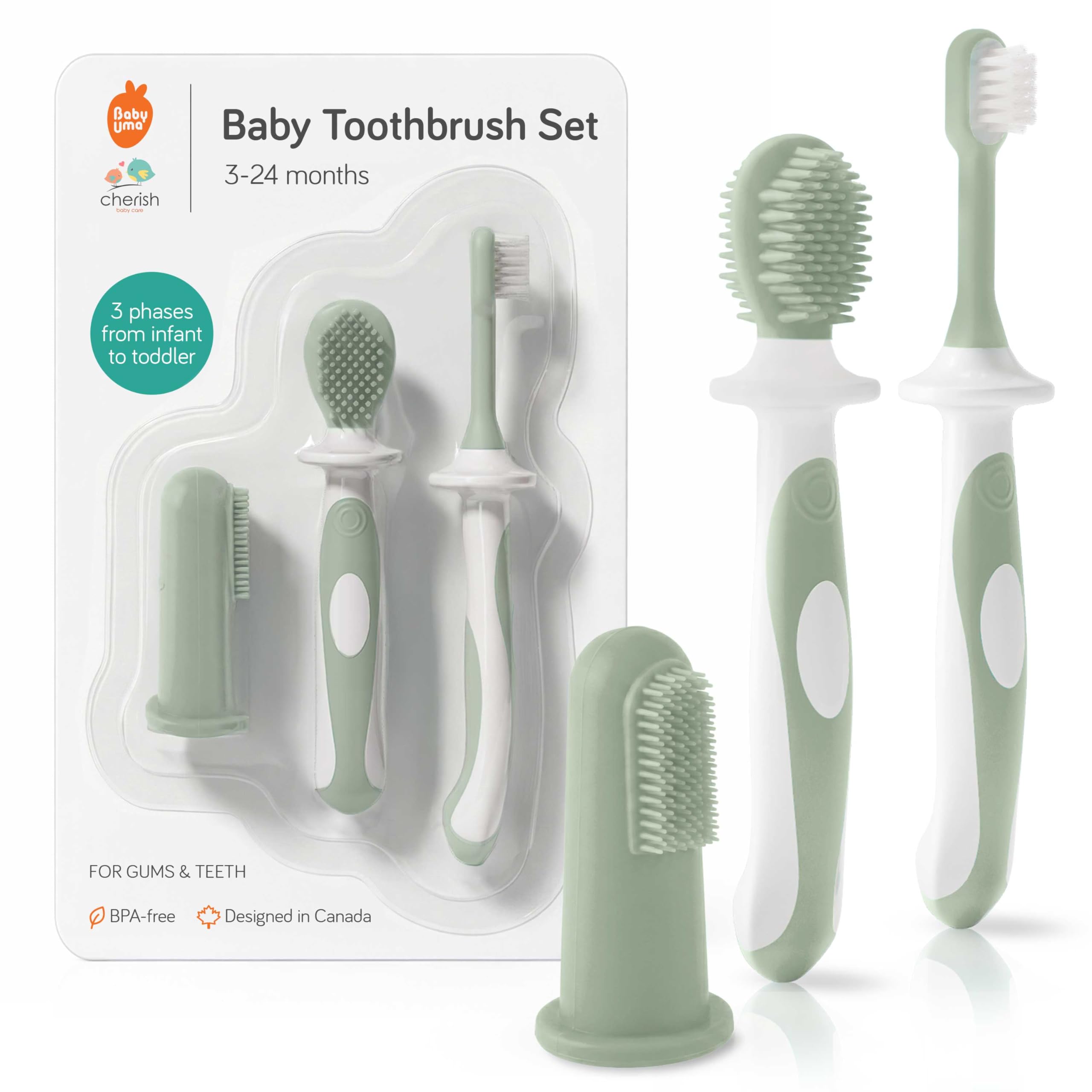 Cherish Baby Care Baby Zahnbürste (3-24 Monate) | Set enthält 1x Fingerzahnbürste Baby & Silikon-Lernzahnbürste. BPA-freie, sicherheitsgeprüfte Babyzahnbürste ab 1. Zahn.