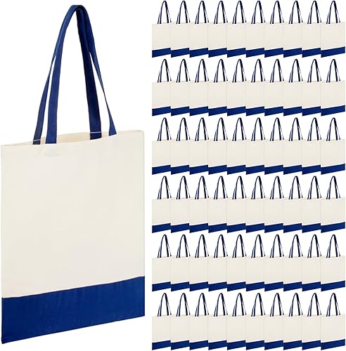 Roowest 60 bolsas de lona de algodón a granel reutilizables con asas para regalo de manualidades (azul y blanco)
