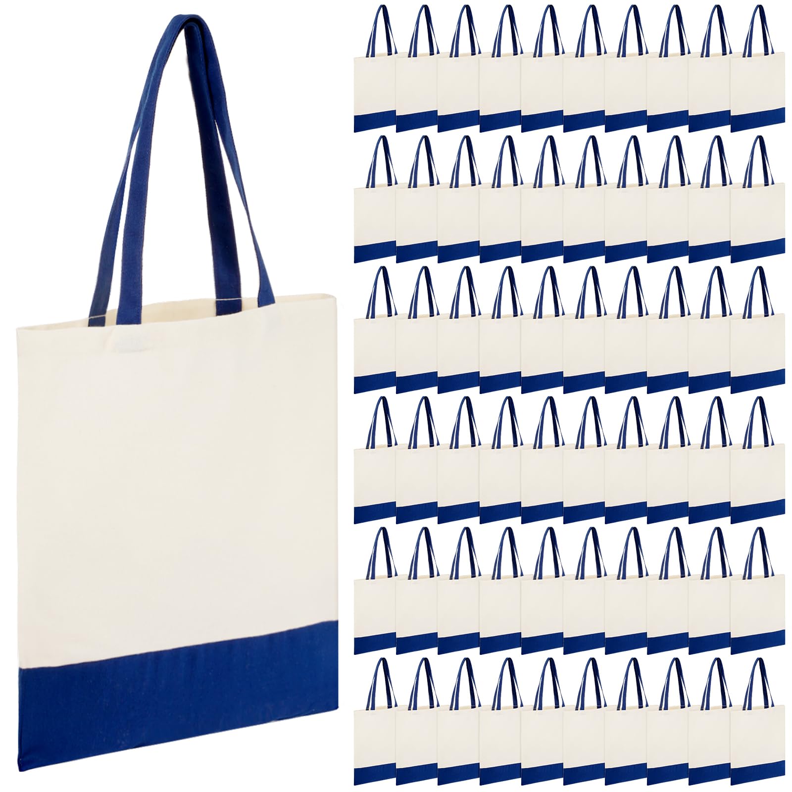 Roowest 60 Pack Canvas Tote Bags Bulk 16" x 15" Lightweight Medium Reusable Grocery Shopping Cloth Bags for DIY Gifts(Blue and White)