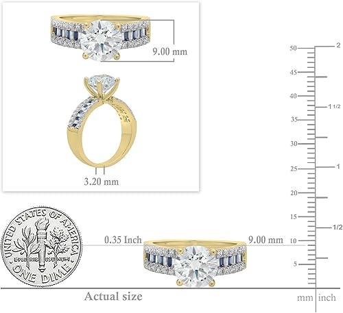 Miniatura 4 de Dazzlingrock Collection Anillo de compromiso redondo de oro macizo de 10 quilates y baguette de 5.80 quilates con zafiro azul y circonita cúbica