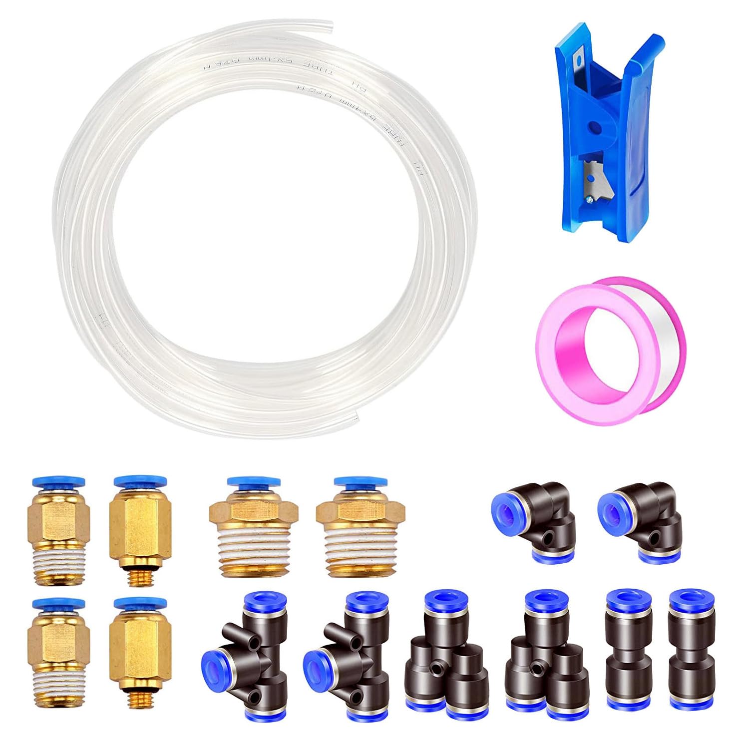 HAXIHA Pneumatic Hose Clear 4 mm OD 2.5 mm ID Polyurethane PU Air Hose Pipe Set, 15 m Compressed Air Hose is Suitable for Pneumatic Devices + Quick Connector Hose, Y/T/L/I